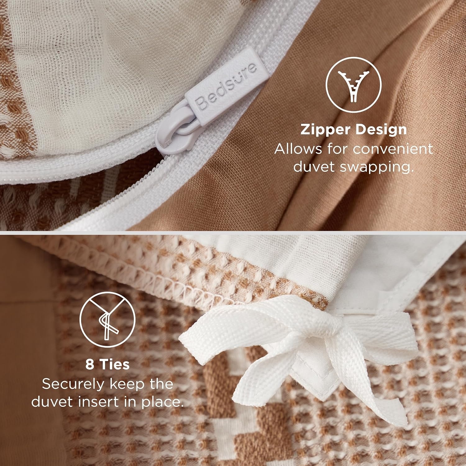 image:imageBedsure PureWoven 3 Pieces 100 Cotton Waffle Duvet Cover Set Queen White Waffle Weave Texture Soft SkinFriendly Breathable AllSeason Machine Washable Home Decor Gift Good Housekeeping Seal19 Strip Terracotta No Comforter