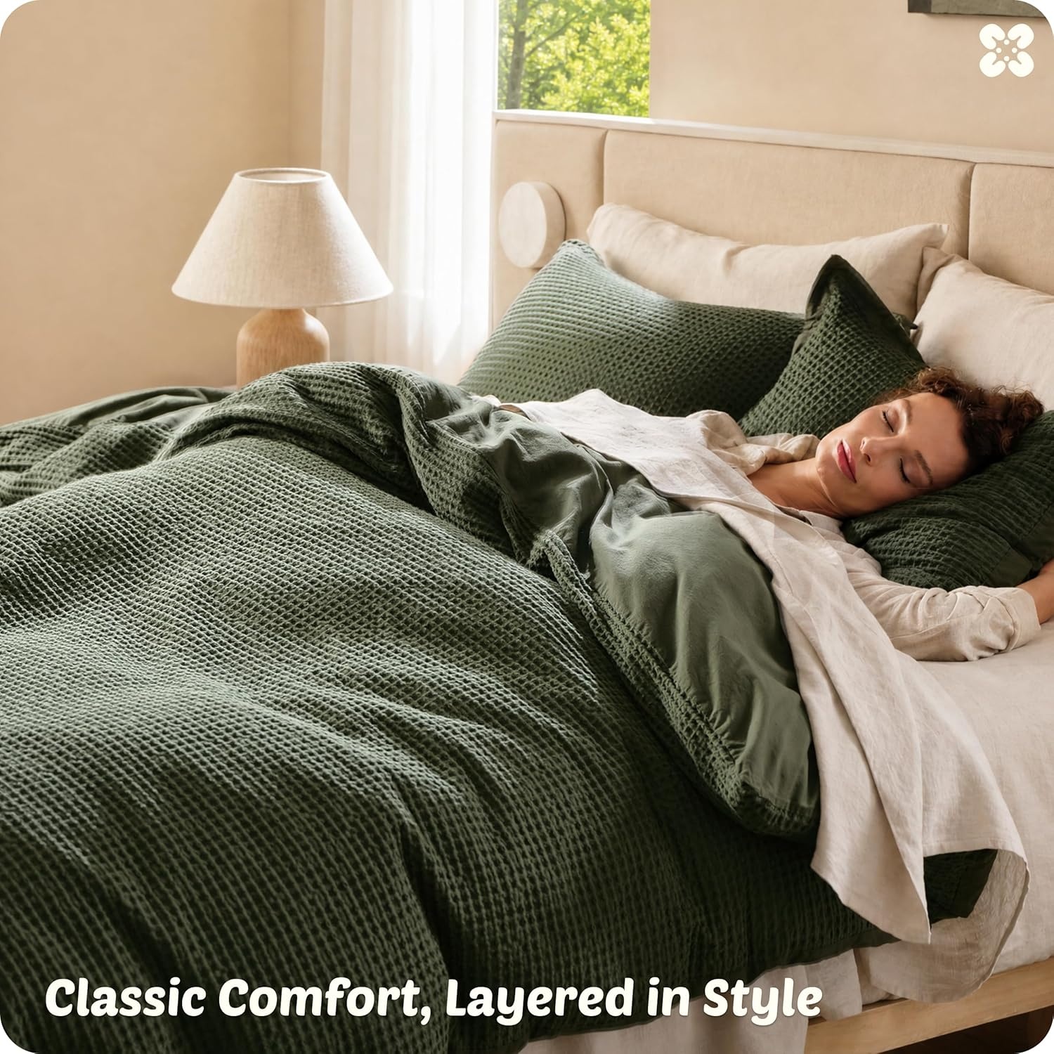 image:imageBedsure PureWoven 3 Pieces 100 Cotton Waffle Duvet Cover Set Queen White Waffle Weave Texture Soft SkinFriendly Breathable AllSeason Machine Washable Home Decor Gift Good Housekeeping Seal14 Olive Green No Comforter