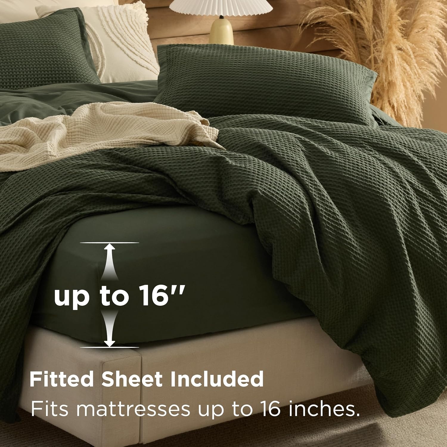 image:imageBedsure PureWoven 3 Pieces 100 Cotton Waffle Duvet Cover Set Queen White Waffle Weave Texture Soft SkinFriendly Breathable AllSeason Machine Washable Home Decor Gift Good Housekeeping Seal14 Olive Green No Comforter
