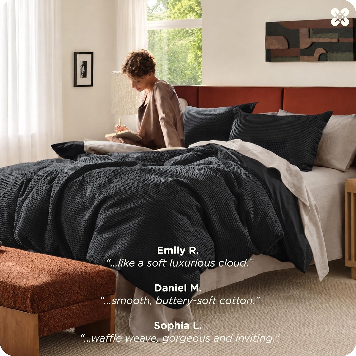 image:imageBedsure PureWoven 3 Pieces 100 Cotton Waffle Duvet Cover Set Queen White Waffle Weave Texture Soft SkinFriendly Breathable AllSeason Machine Washable Home Decor Gift Good Housekeeping Seal19 Black No Comforter