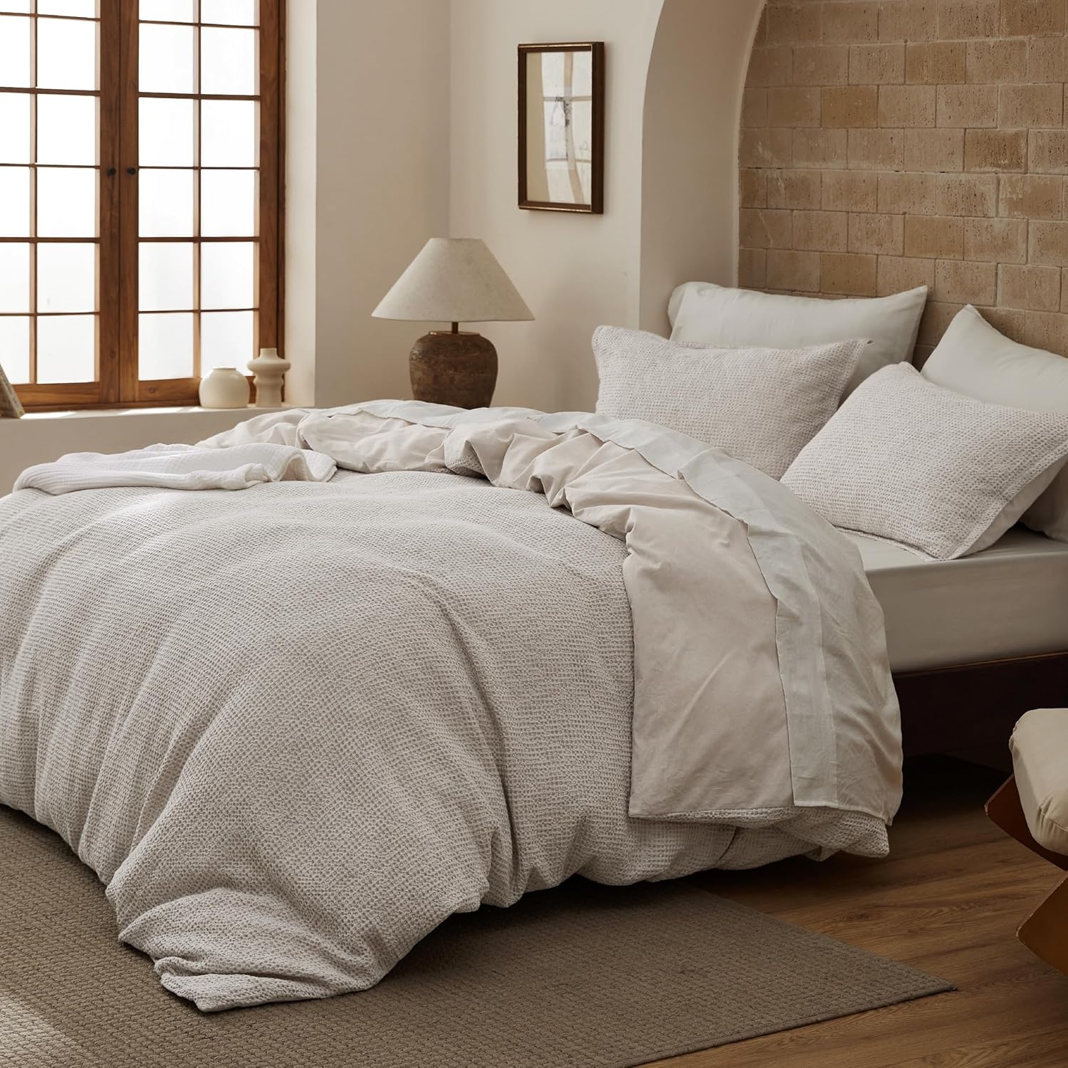image:imageBedsure PureWoven 3 Pieces 100 Cotton Waffle Duvet Cover Set Queen White Waffle Weave Texture Soft SkinFriendly Breathable AllSeason Machine Washable Home Decor Gift Good Housekeeping Seal19 Spacedyed Linen No Comforter
