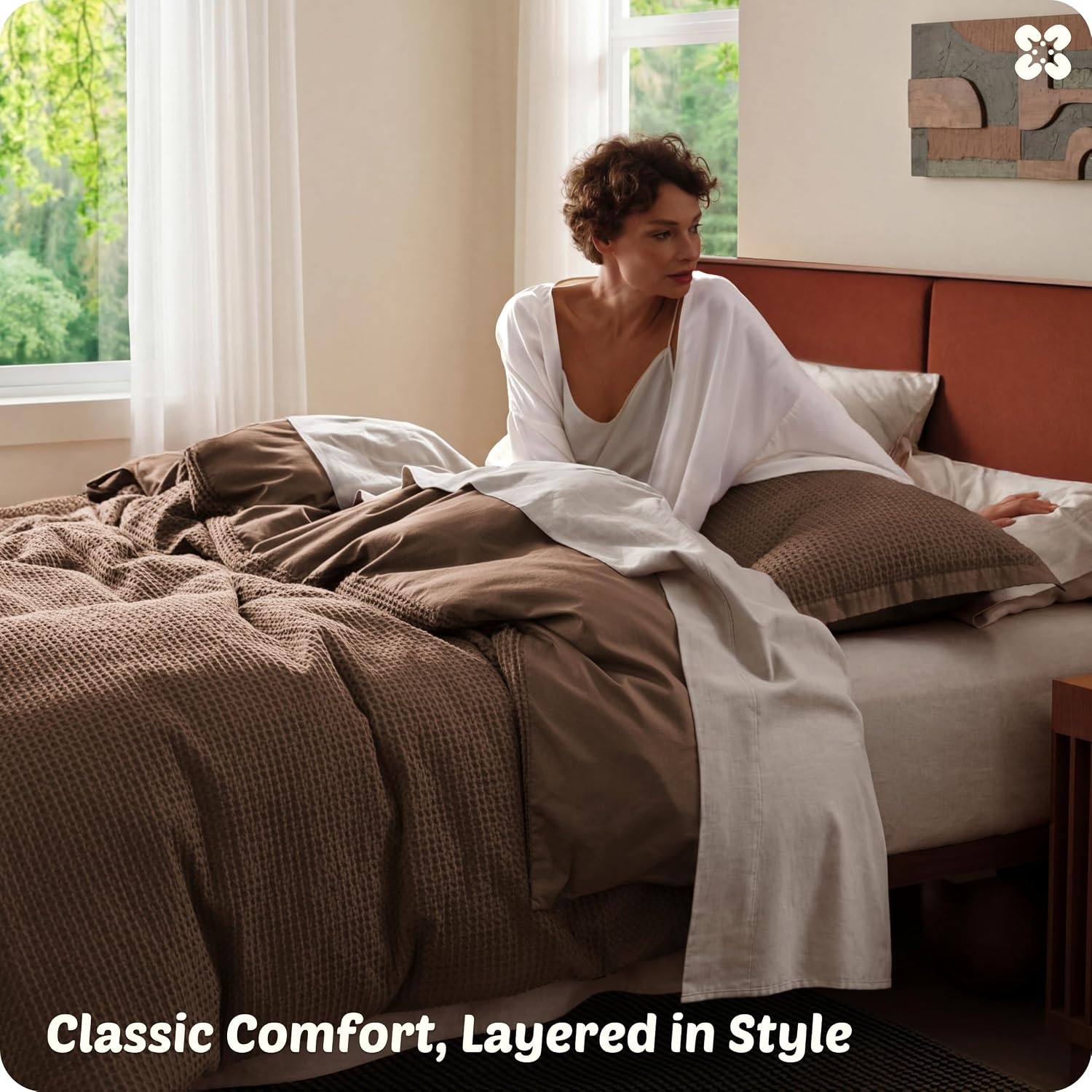 image:imageBedsure PureWoven 3 Pieces 100 Cotton Waffle Duvet Cover Set Queen White Waffle Weave Texture Soft SkinFriendly Breathable AllSeason Machine Washable Home Decor Gift Good Housekeeping Seal06 Chocolate Brown No Comforter