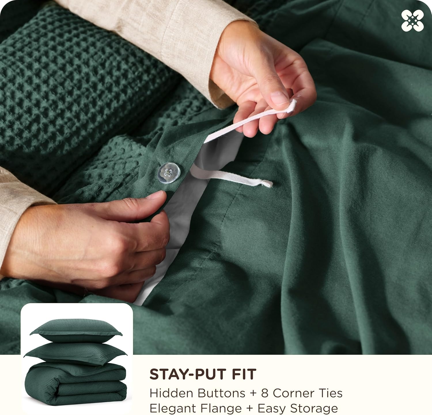 image:imageBedsure PureWoven 3 Pieces 100 Cotton Waffle Duvet Cover Set Queen White Waffle Weave Texture Soft SkinFriendly Breathable AllSeason Machine Washable Home Decor Gift Good Housekeeping Seal13 Forest Green No Comforter