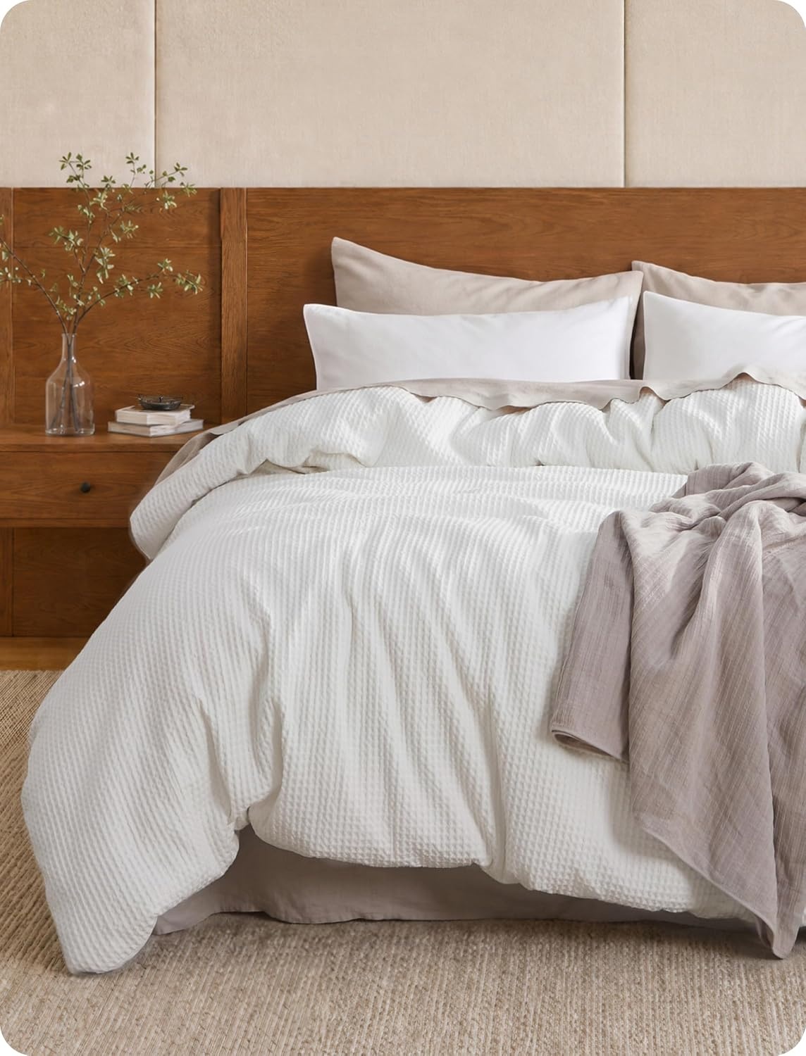image:imageBedsure PureWoven 3 Pieces 100 Cotton Waffle Duvet Cover Set Queen White Waffle Weave Texture Soft SkinFriendly Breathable AllSeason Machine Washable Home Decor Gift Good Housekeeping Seal01 Coconut White No Comforter