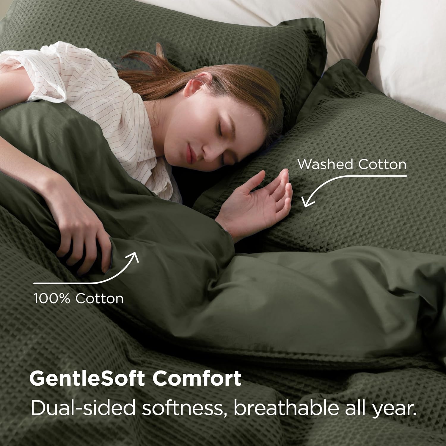 image:imageBedsure PureWoven 3 Pieces 100 Cotton Waffle Duvet Cover Set Queen White Waffle Weave Texture Soft SkinFriendly Breathable AllSeason Machine Washable Home Decor Gift Good Housekeeping Seal14 Olive Green No Comforter