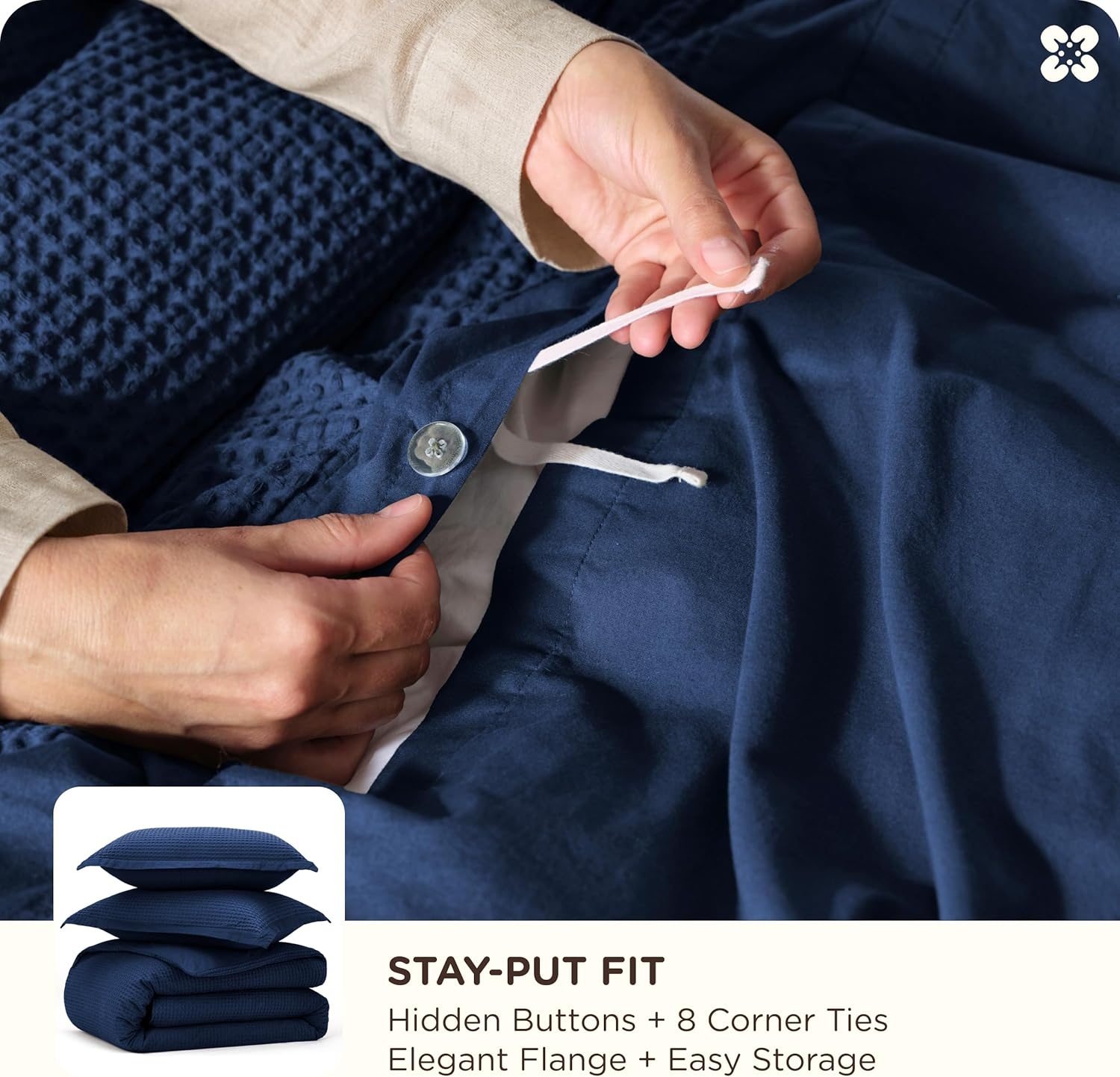 image:imageBedsure PureWoven 3 Pieces 100 Cotton Waffle Duvet Cover Set Queen White Waffle Weave Texture Soft SkinFriendly Breathable AllSeason Machine Washable Home Decor Gift Good Housekeeping Seal17 Navy No Comforter