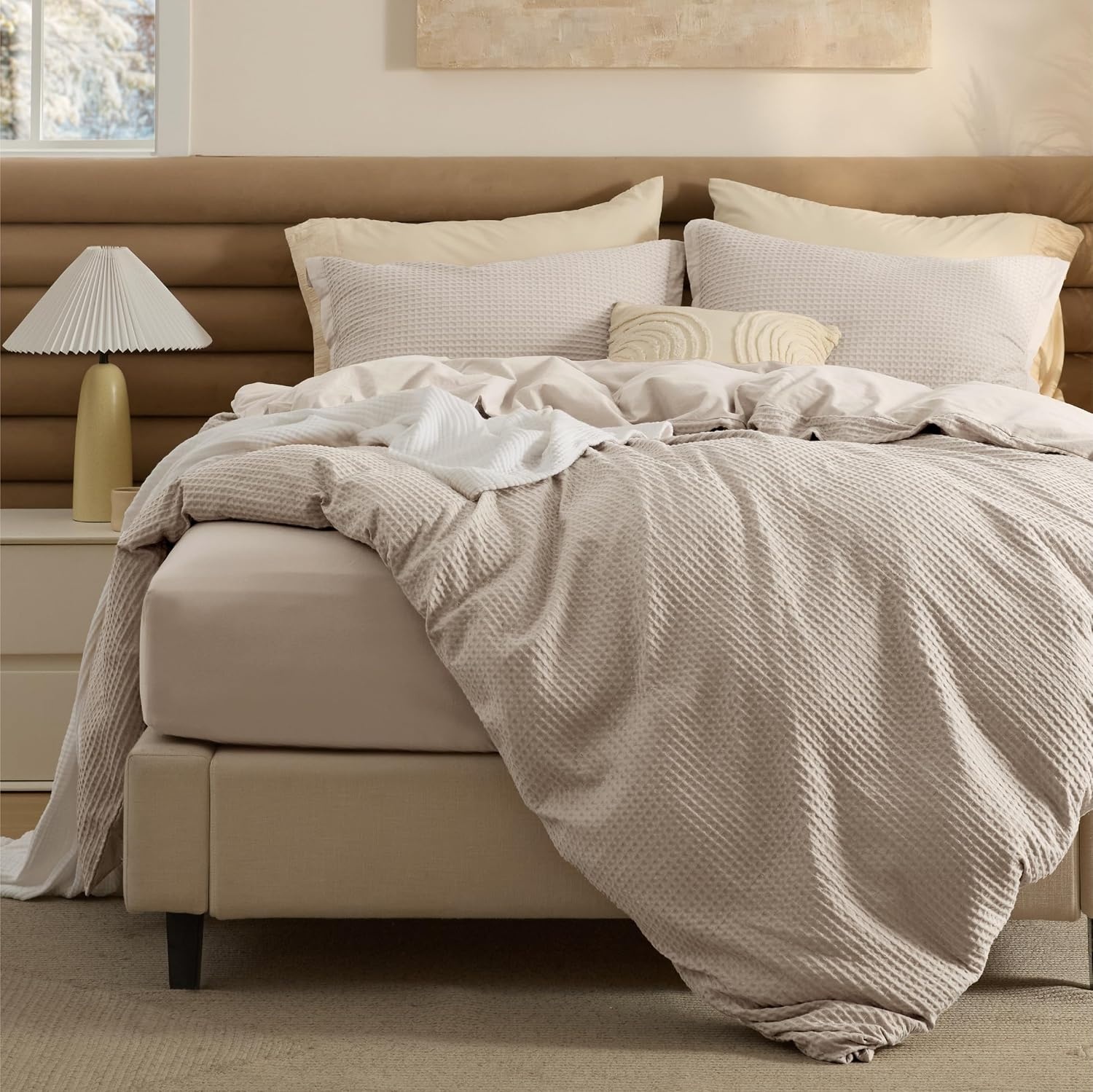 image:imageBedsure PureWoven 3 Pieces 100 Cotton Waffle Duvet Cover Set Queen White Waffle Weave Texture Soft SkinFriendly Breathable AllSeason Machine Washable Home Decor Gift Good Housekeeping Seal04 Linen No Comforter