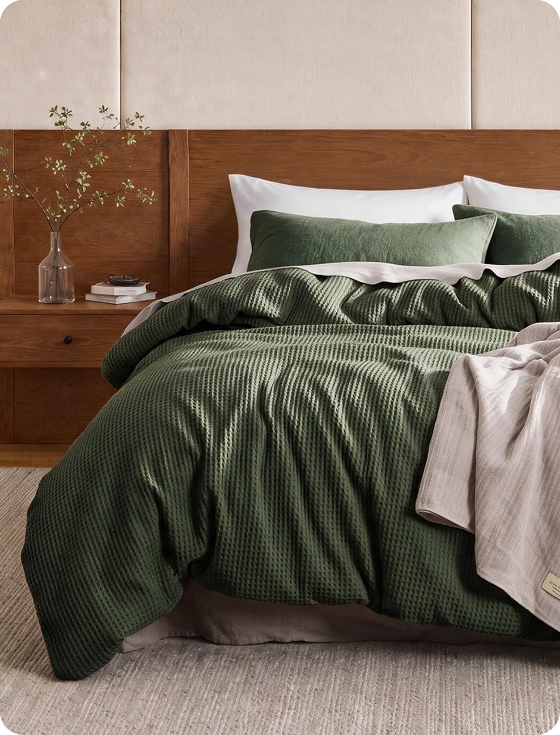 image:imageBedsure PureWoven 3 Pieces 100 Cotton Waffle Duvet Cover Set Queen White Waffle Weave Texture Soft SkinFriendly Breathable AllSeason Machine Washable Home Decor Gift Good Housekeeping Seal14 Olive Green No Comforter