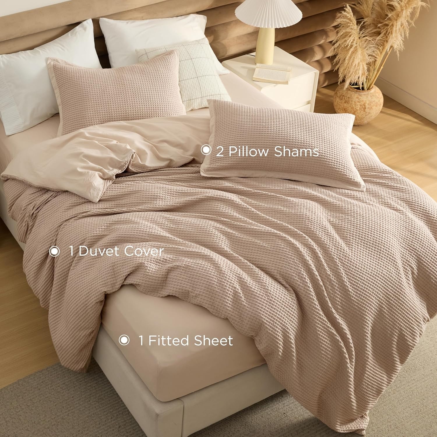 image:imageBedsure PureWoven 3 Pieces 100 Cotton Waffle Duvet Cover Set Queen White Waffle Weave Texture Soft SkinFriendly Breathable AllSeason Machine Washable Home Decor Gift Good Housekeeping Seal05 Khaki No Comforter