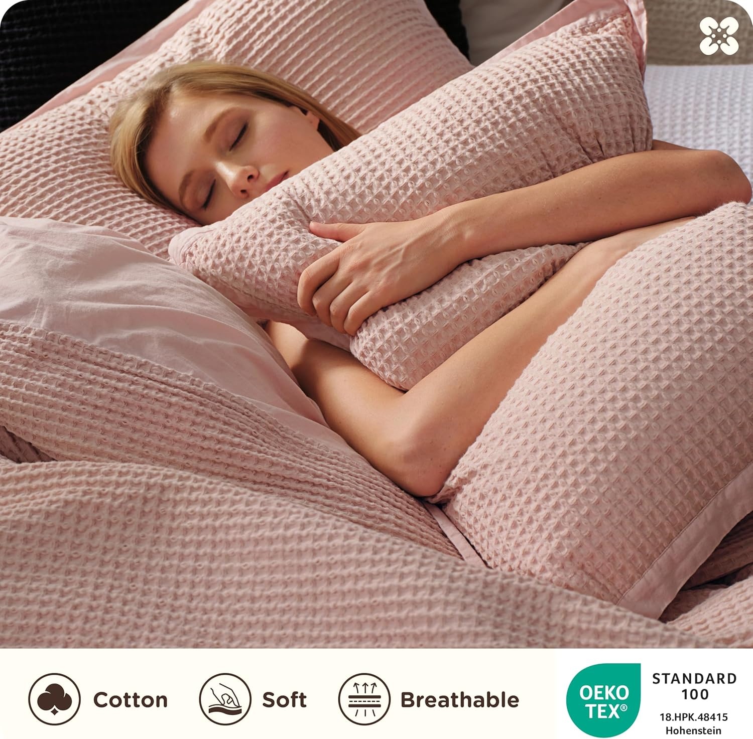 image:imageBedsure PureWoven 3 Pieces 100 Cotton Waffle Duvet Cover Set Queen White Waffle Weave Texture Soft SkinFriendly Breathable AllSeason Machine Washable Home Decor Gift Good Housekeeping Seal09 Pink No Comforter