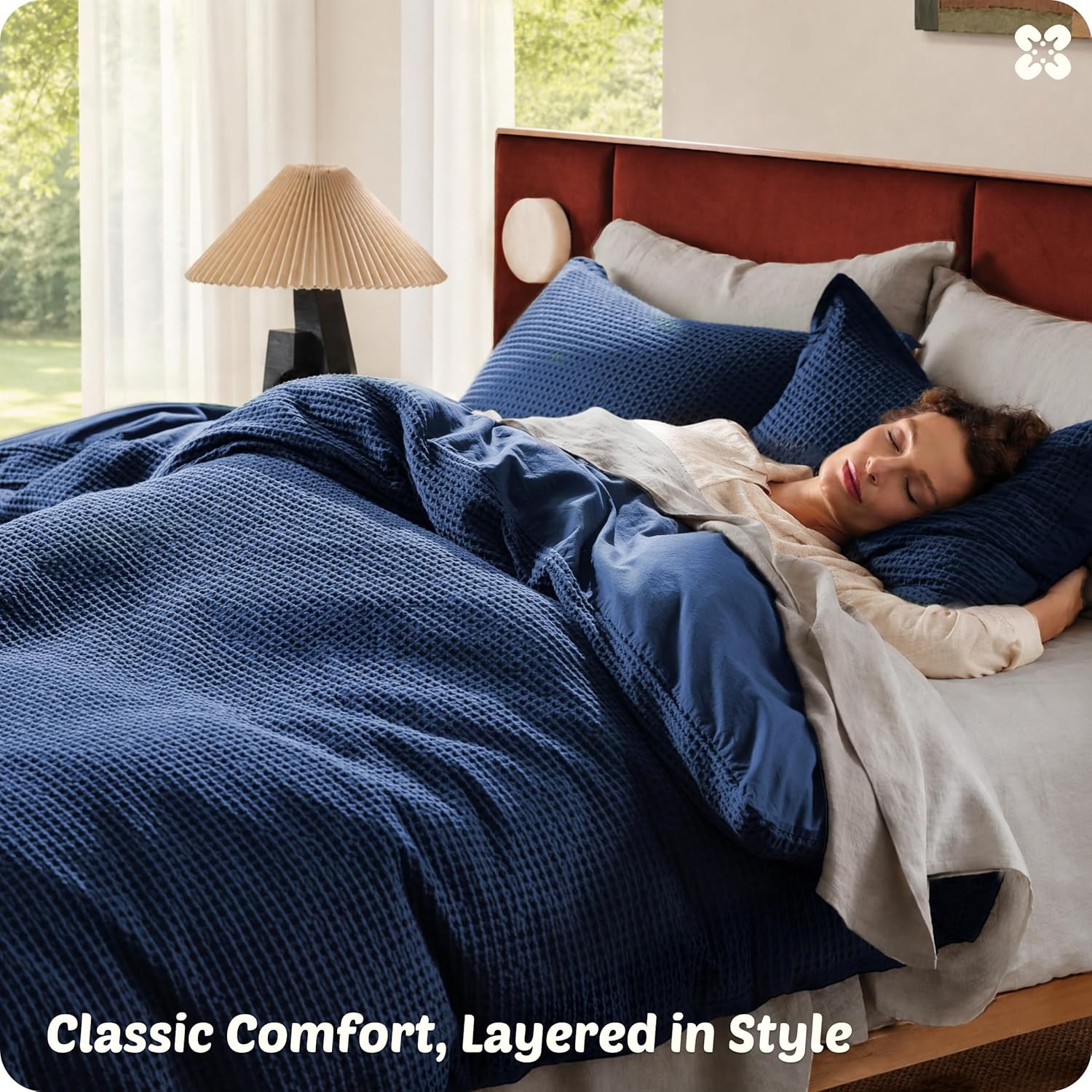 image:imageBedsure PureWoven 3 Pieces 100 Cotton Waffle Duvet Cover Set Queen White Waffle Weave Texture Soft SkinFriendly Breathable AllSeason Machine Washable Home Decor Gift Good Housekeeping Seal17 Navy No Comforter