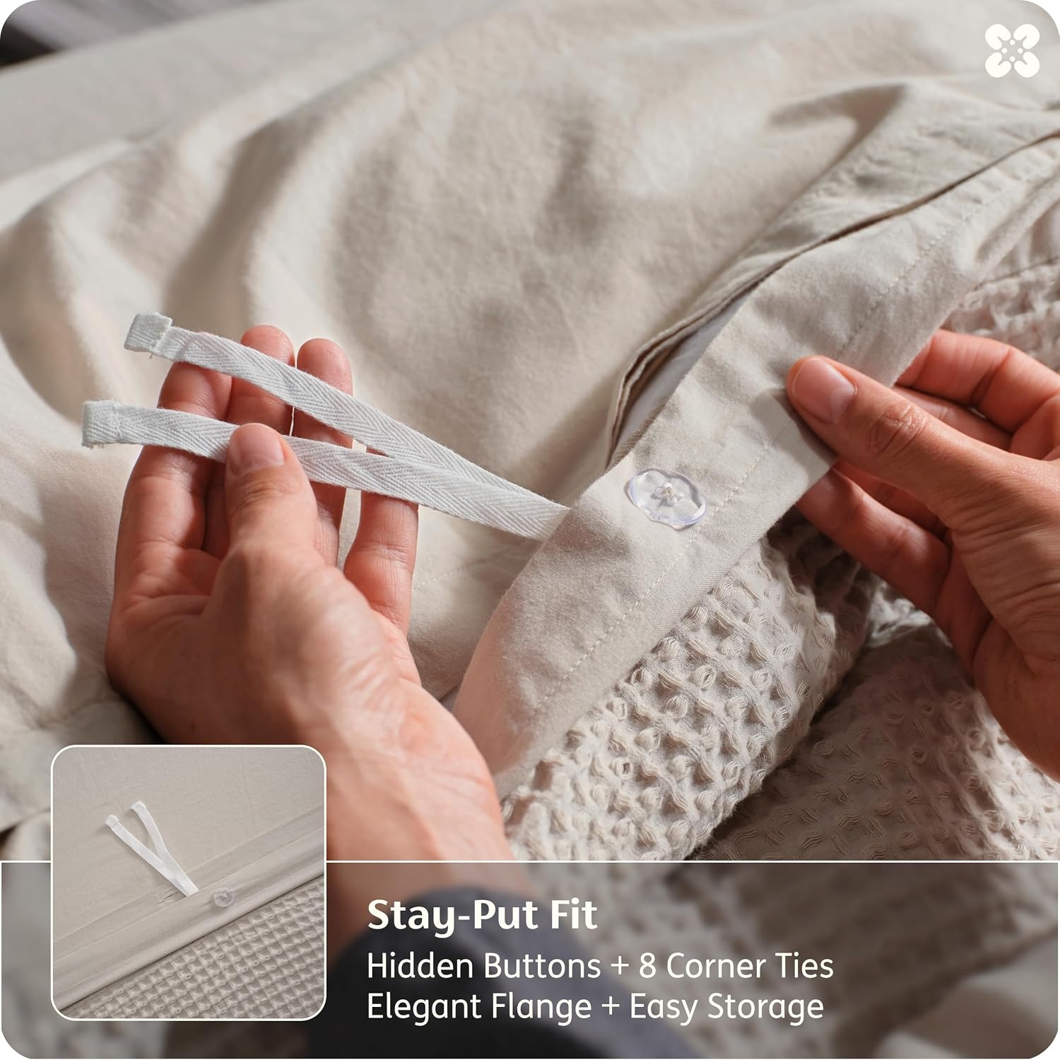 image:imageBedsure PureWoven 3 Pieces 100 Cotton Waffle Duvet Cover Set Queen White Waffle Weave Texture Soft SkinFriendly Breathable AllSeason Machine Washable Home Decor Gift Good Housekeeping Seal04 Linen No Comforter
