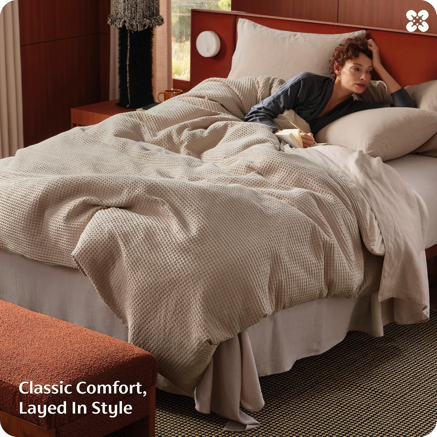 image:imageBedsure PureWoven 3 Pieces 100 Cotton Waffle Duvet Cover Set Queen White Waffle Weave Texture Soft SkinFriendly Breathable AllSeason Machine Washable Home Decor Gift Good Housekeeping Seal05 Khaki No Comforter