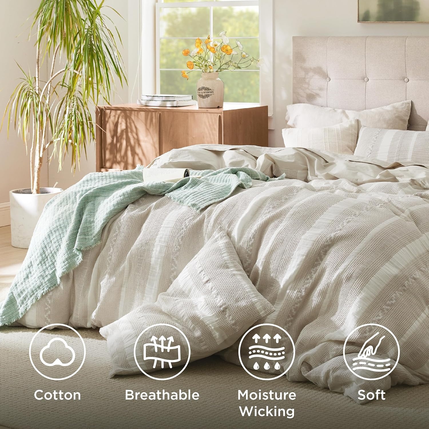 image:imageBedsure PureWoven 3 Pieces 100 Cotton Waffle Duvet Cover Set Queen White Waffle Weave Texture Soft SkinFriendly Breathable AllSeason Machine Washable Home Decor Gift Good Housekeeping Seal19 Strip Linen No Comforter