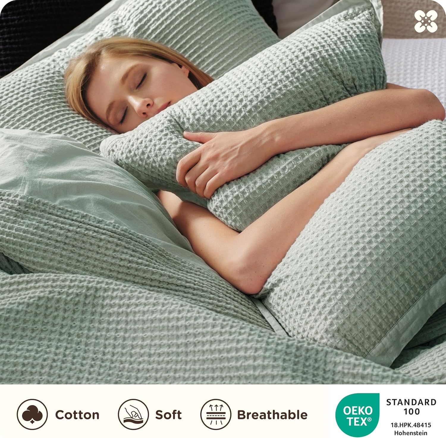 image:imageBedsure PureWoven 3 Pieces 100 Cotton Waffle Duvet Cover Set Queen White Waffle Weave Texture Soft SkinFriendly Breathable AllSeason Machine Washable Home Decor Gift Good Housekeeping Seal11 Sage Green No Comforter