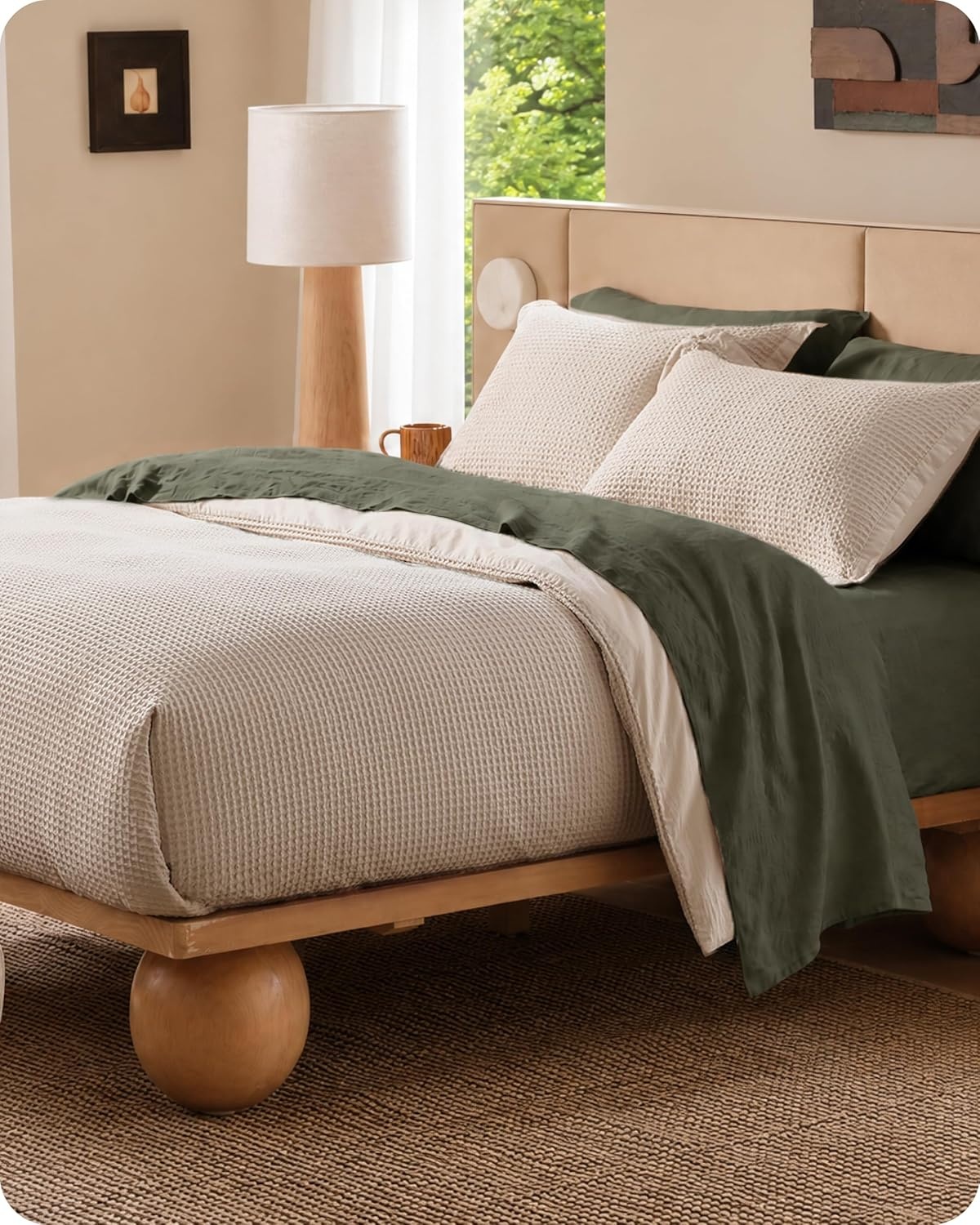 image:imageBedsure PureWoven 3 Pieces 100 Cotton Waffle Duvet Cover Set Queen White Waffle Weave Texture Soft SkinFriendly Breathable AllSeason Machine Washable Home Decor Gift Good Housekeeping Seal03 Beige No Comforter
