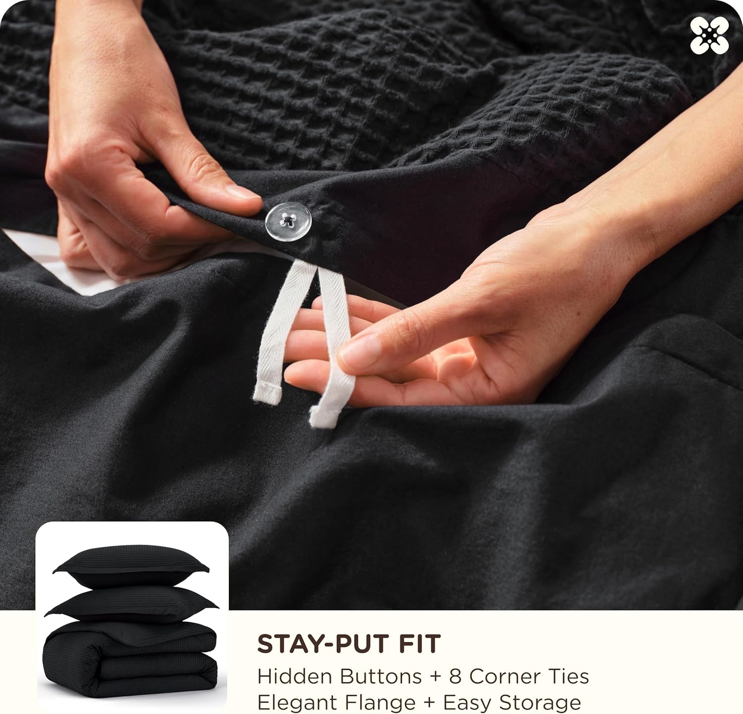 image:imageBedsure PureWoven 3 Pieces 100 Cotton Waffle Duvet Cover Set Queen White Waffle Weave Texture Soft SkinFriendly Breathable AllSeason Machine Washable Home Decor Gift Good Housekeeping Seal19 Black No Comforter