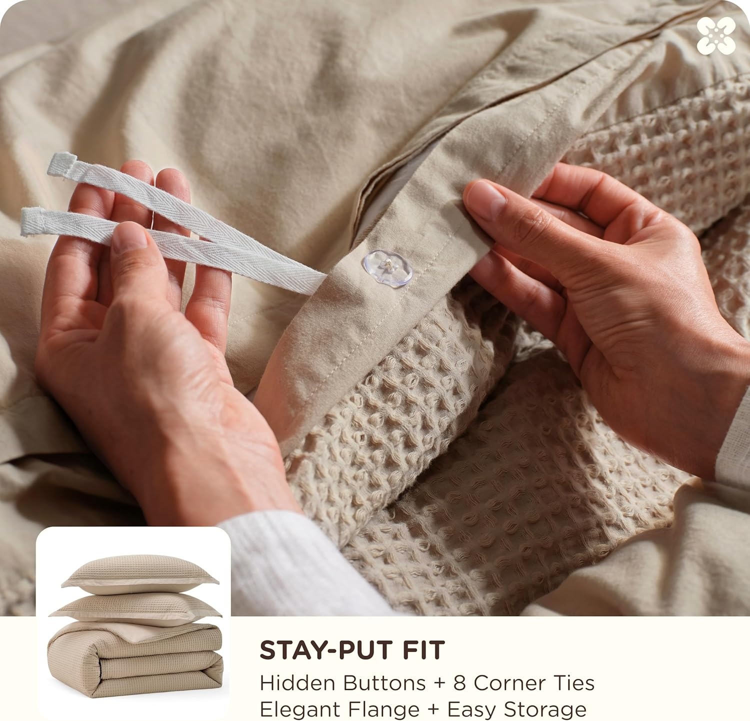 image:imageBedsure PureWoven 3 Pieces 100 Cotton Waffle Duvet Cover Set Queen White Waffle Weave Texture Soft SkinFriendly Breathable AllSeason Machine Washable Home Decor Gift Good Housekeeping Seal05 Khaki No Comforter