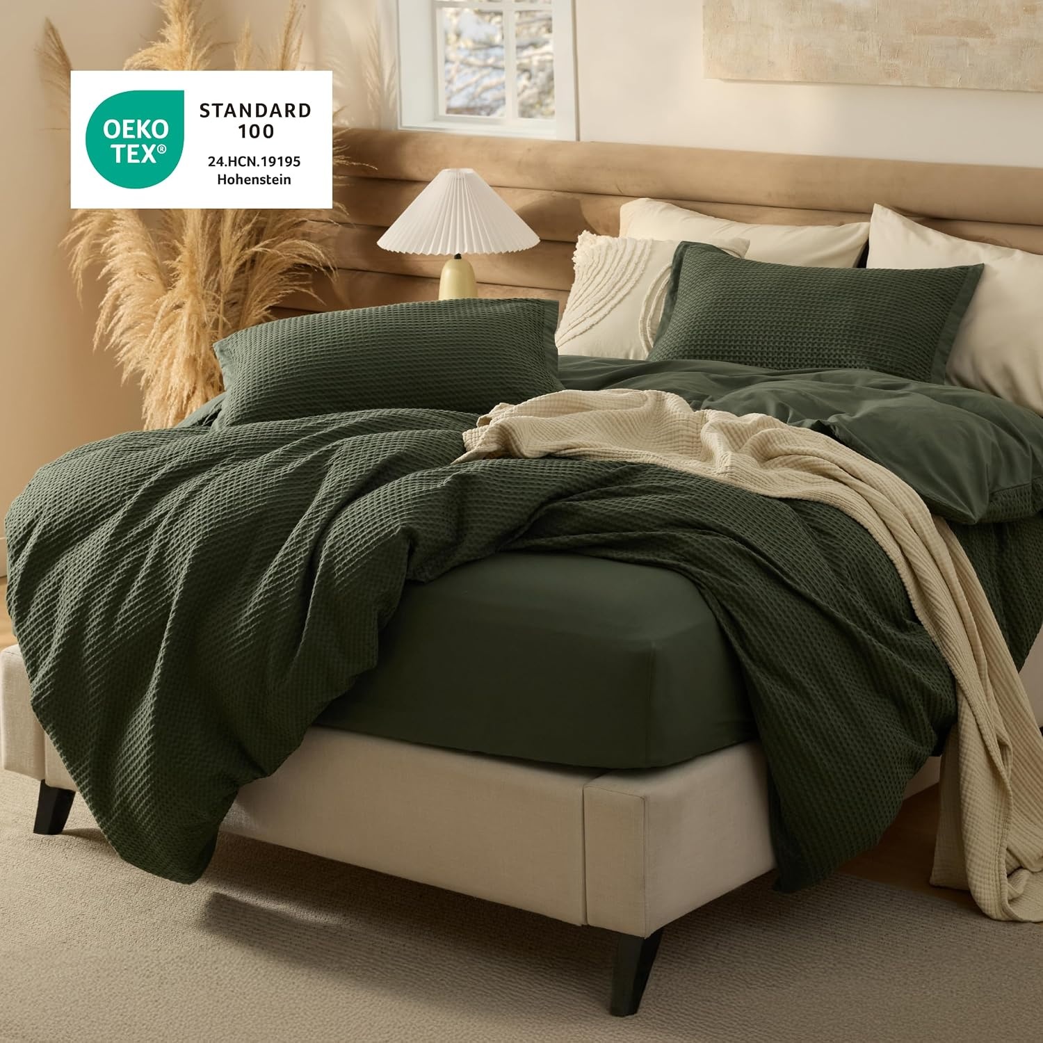 image:imageBedsure PureWoven 3 Pieces 100 Cotton Waffle Duvet Cover Set Queen White Waffle Weave Texture Soft SkinFriendly Breathable AllSeason Machine Washable Home Decor Gift Good Housekeeping Seal14 Olive Green No Comforter
