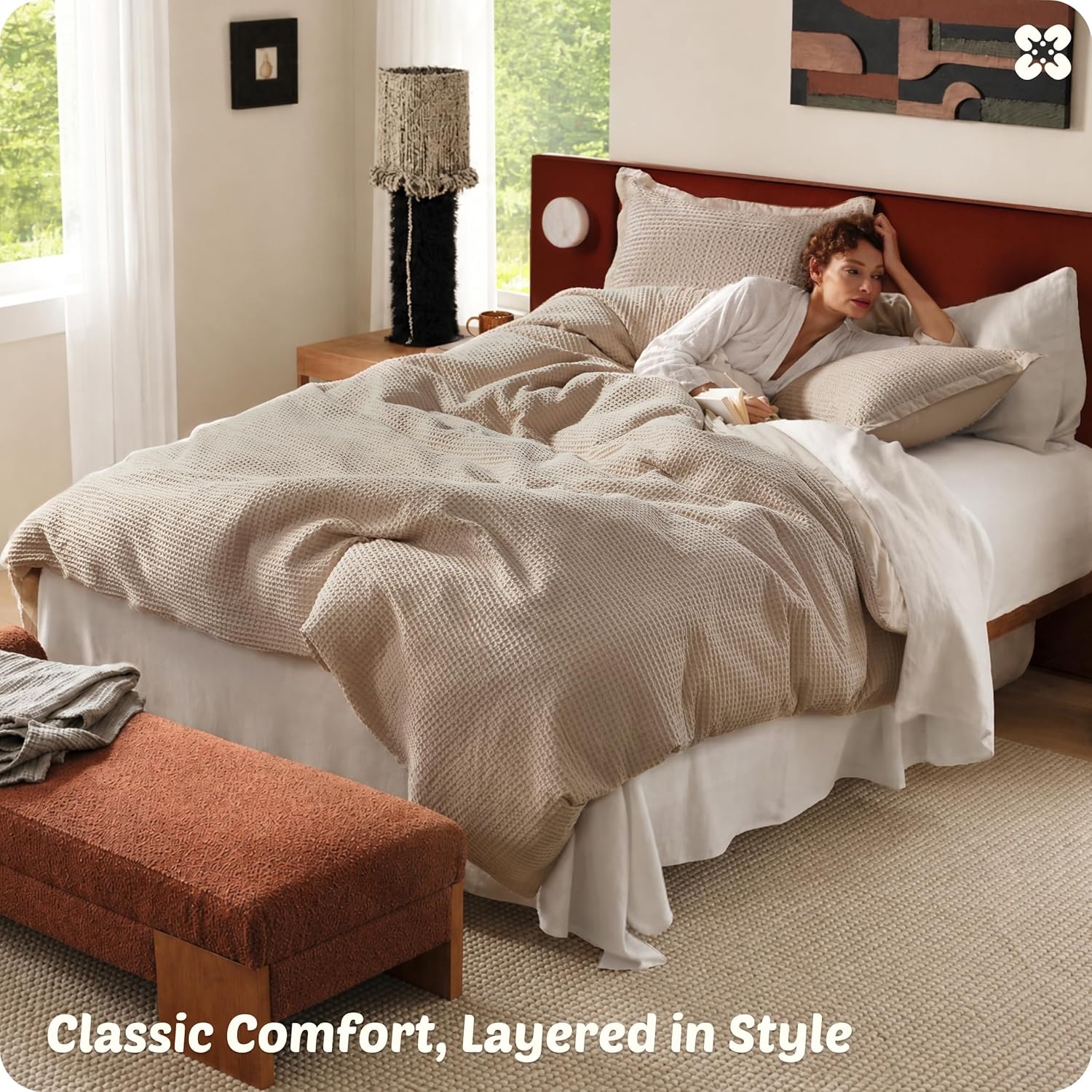 image:imageBedsure PureWoven 3 Pieces 100 Cotton Waffle Duvet Cover Set Queen White Waffle Weave Texture Soft SkinFriendly Breathable AllSeason Machine Washable Home Decor Gift Good Housekeeping Seal05 Khaki No Comforter