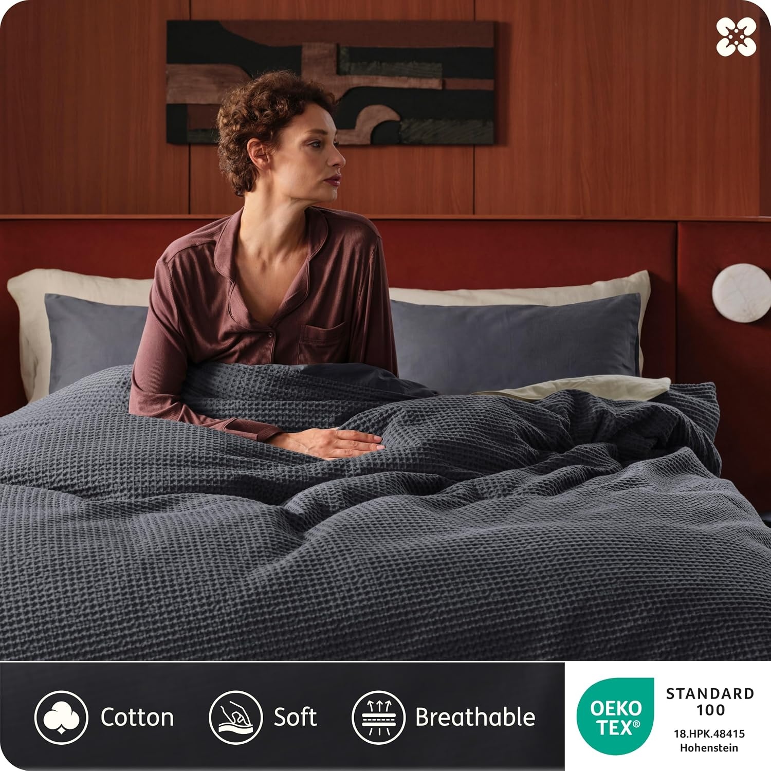 image:imageBedsure PureWoven 3 Pieces 100 Cotton Waffle Duvet Cover Set Queen White Waffle Weave Texture Soft SkinFriendly Breathable AllSeason Machine Washable Home Decor Gift Good Housekeeping Seal19 Charcoal Black No Comforter