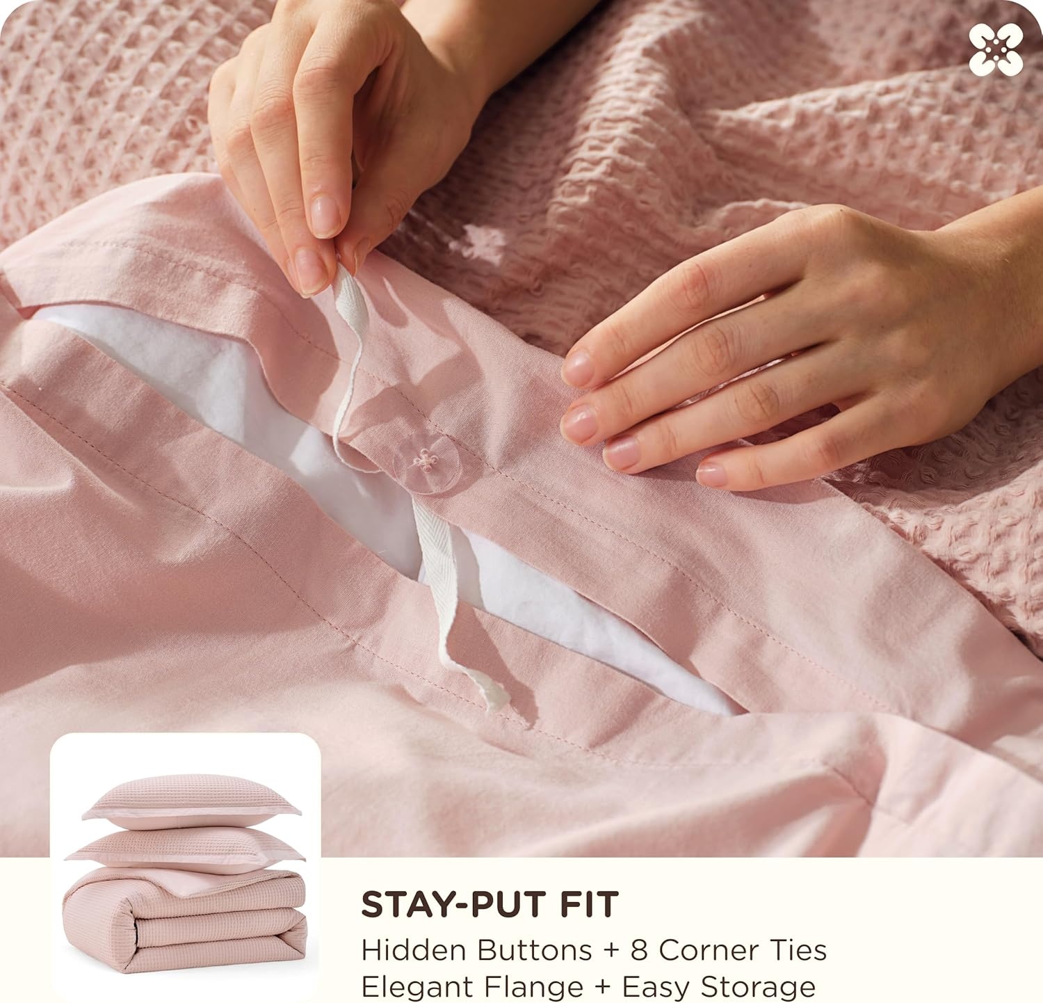image:imageBedsure PureWoven 3 Pieces 100 Cotton Waffle Duvet Cover Set Queen White Waffle Weave Texture Soft SkinFriendly Breathable AllSeason Machine Washable Home Decor Gift Good Housekeeping Seal09 Pink No Comforter