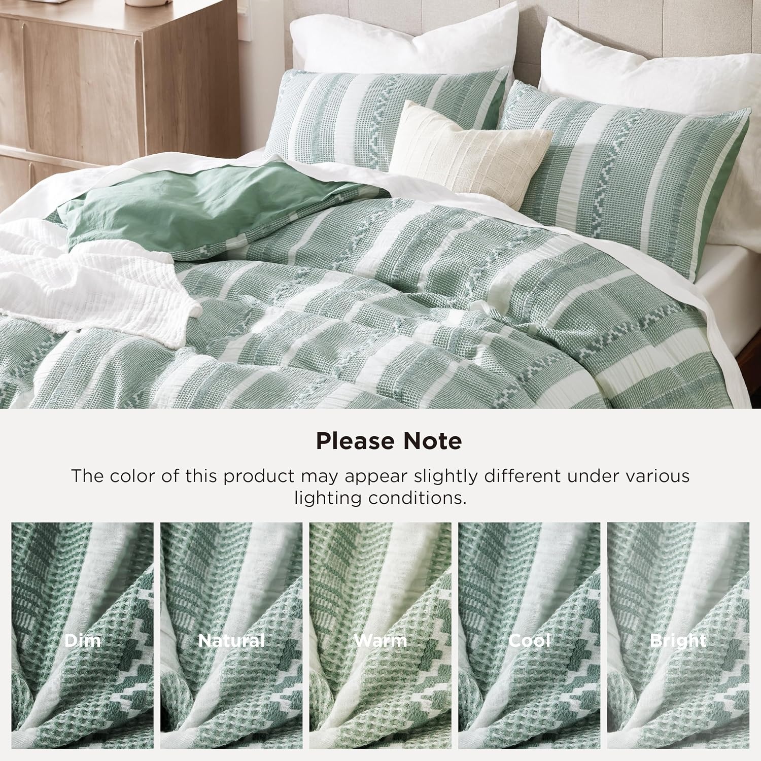 image:imageBedsure PureWoven 3 Pieces 100 Cotton Waffle Duvet Cover Set Queen White Waffle Weave Texture Soft SkinFriendly Breathable AllSeason Machine Washable Home Decor Gift Good Housekeeping Seal19 Strip Green No Comforter