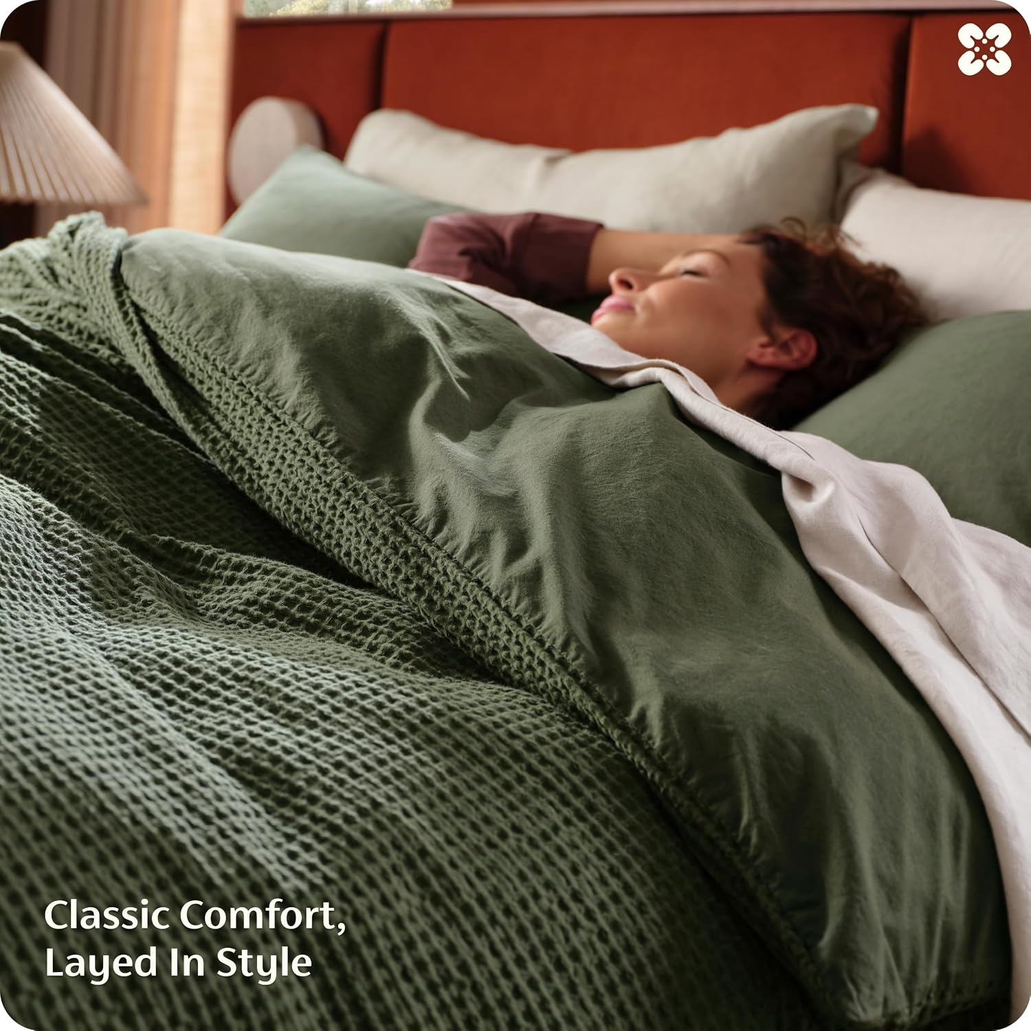 image:imageBedsure PureWoven 3 Pieces 100 Cotton Waffle Duvet Cover Set Queen White Waffle Weave Texture Soft SkinFriendly Breathable AllSeason Machine Washable Home Decor Gift Good Housekeeping Seal14 Olive Green No Comforter