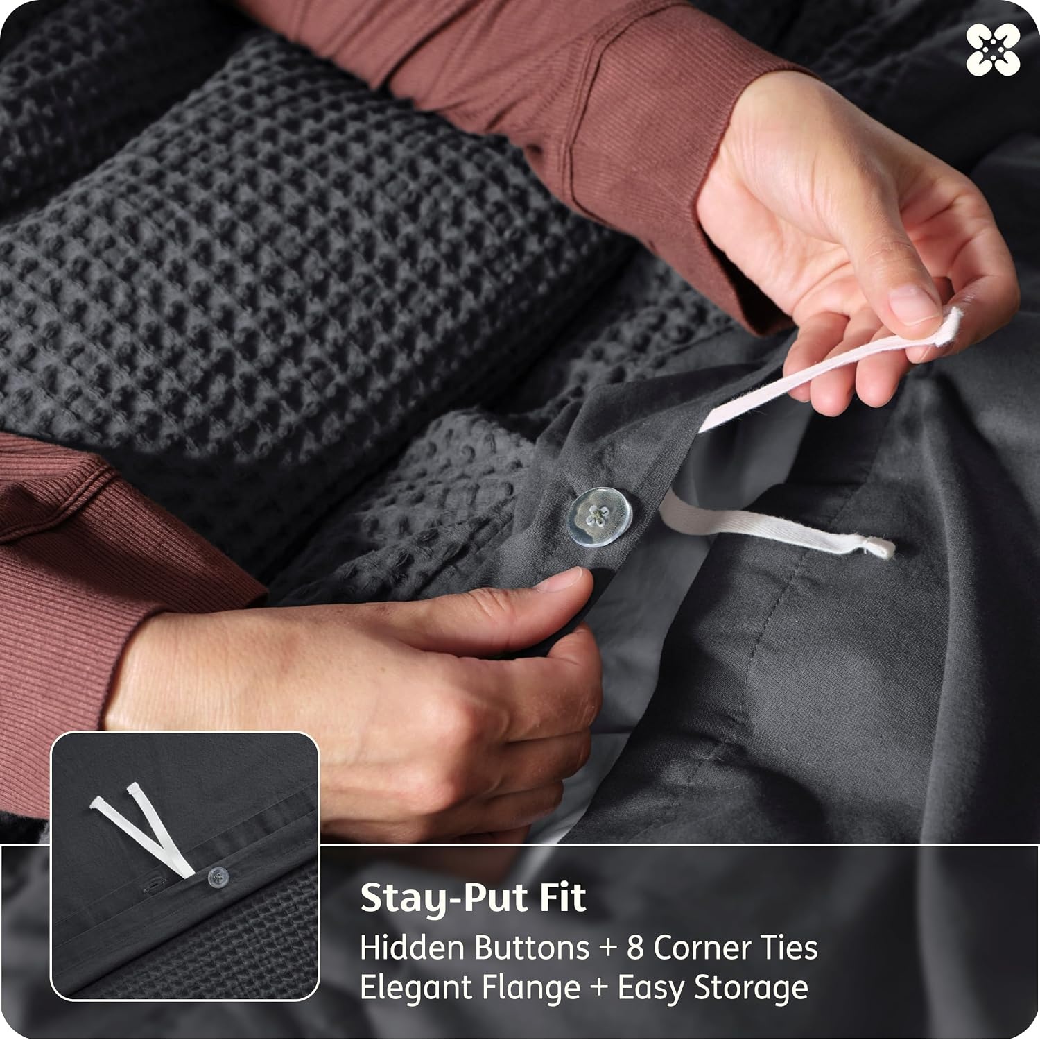 image:imageBedsure PureWoven 3 Pieces 100 Cotton Waffle Duvet Cover Set Queen White Waffle Weave Texture Soft SkinFriendly Breathable AllSeason Machine Washable Home Decor Gift Good Housekeeping Seal19 Charcoal Black No Comforter