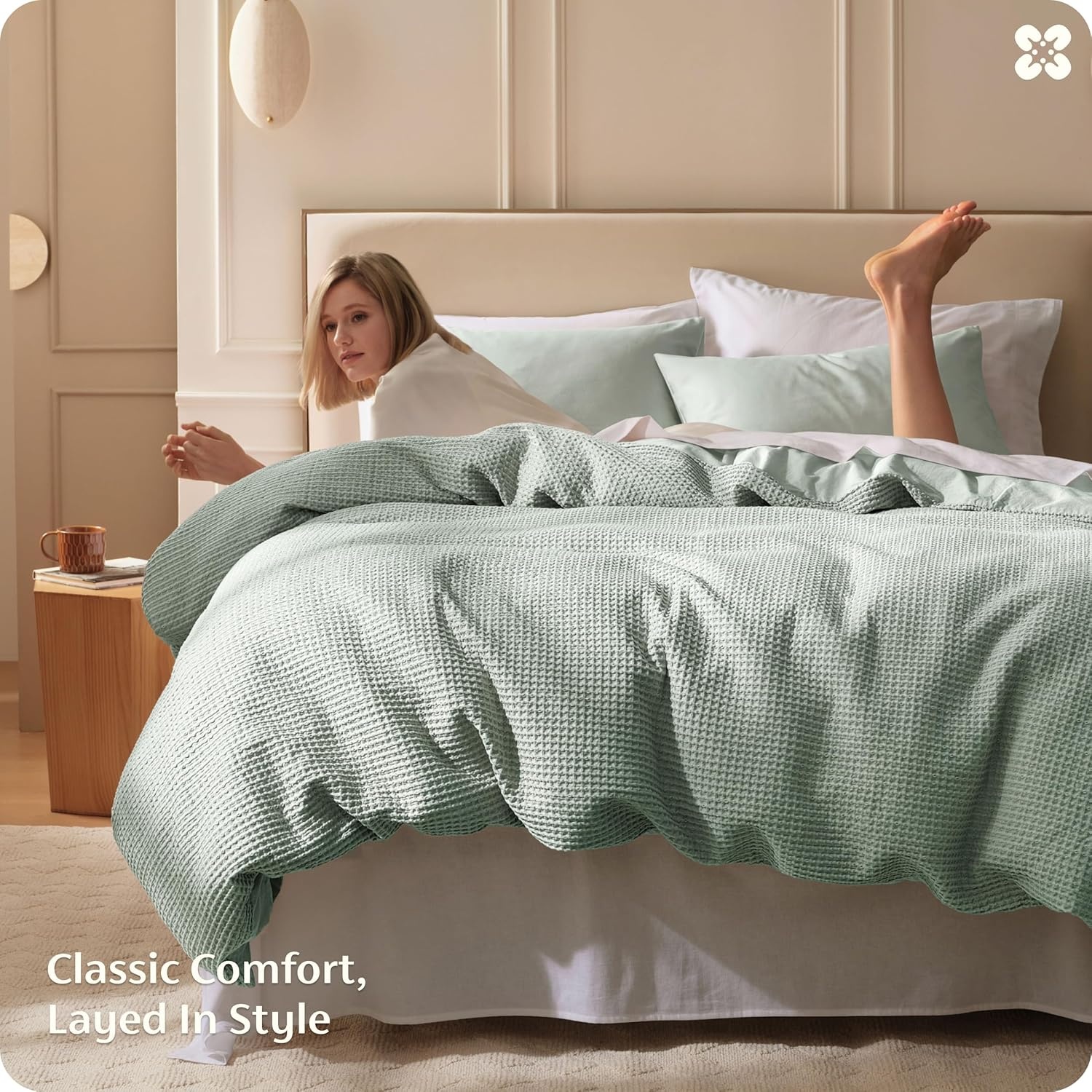 image:imageBedsure PureWoven 3 Pieces 100 Cotton Waffle Duvet Cover Set Queen White Waffle Weave Texture Soft SkinFriendly Breathable AllSeason Machine Washable Home Decor Gift Good Housekeeping Seal11 Sage Green No Comforter