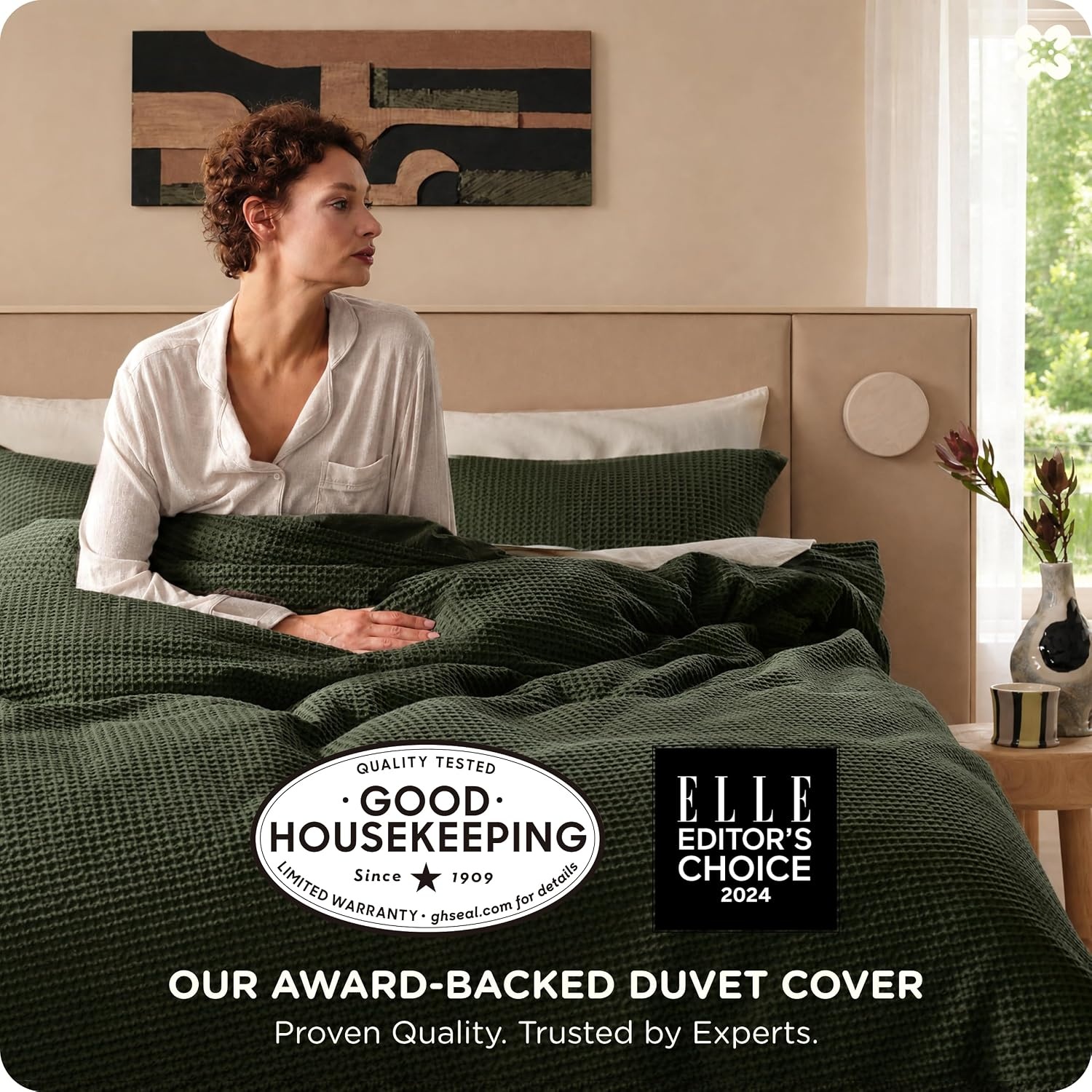 image:imageBedsure PureWoven 3 Pieces 100 Cotton Waffle Duvet Cover Set Queen White Waffle Weave Texture Soft SkinFriendly Breathable AllSeason Machine Washable Home Decor Gift Good Housekeeping Seal14 Olive Green No Comforter