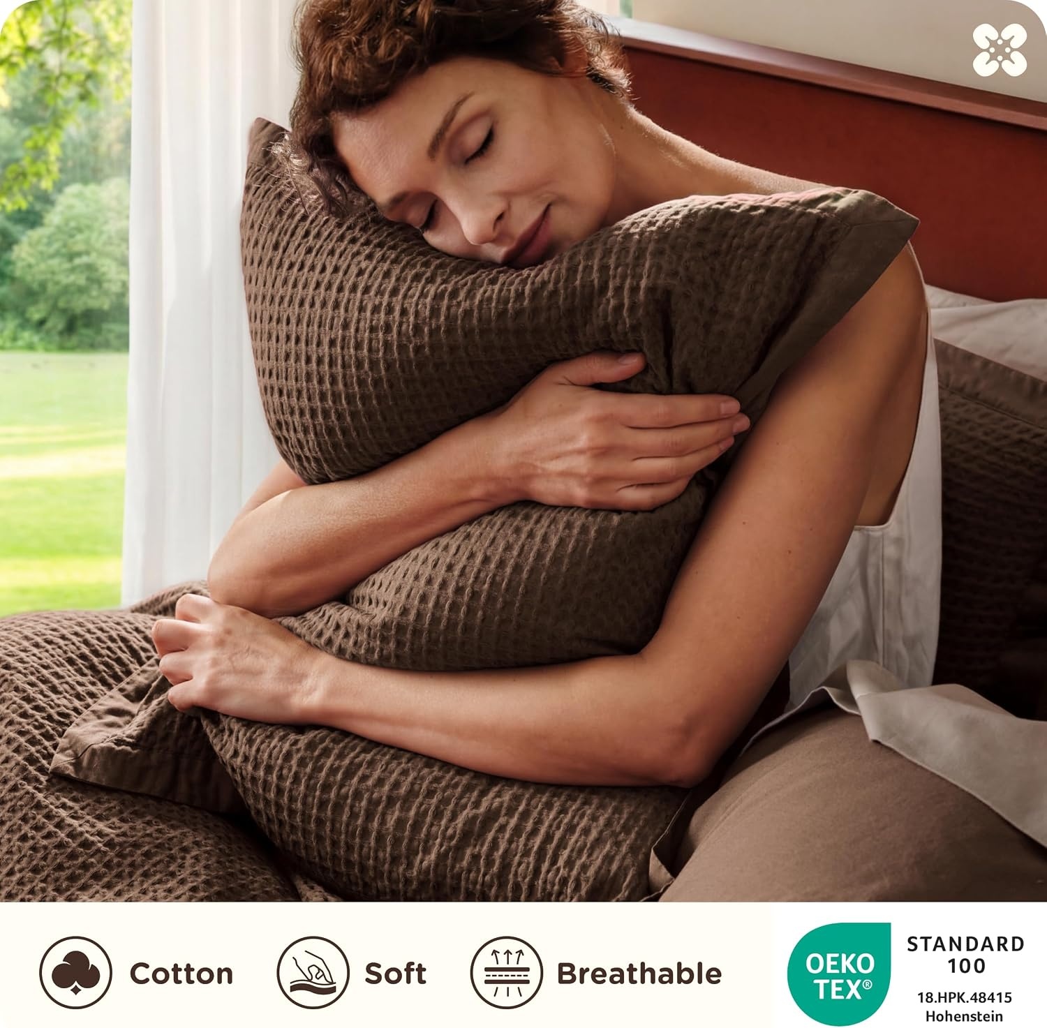 image:imageBedsure PureWoven 3 Pieces 100 Cotton Waffle Duvet Cover Set Queen White Waffle Weave Texture Soft SkinFriendly Breathable AllSeason Machine Washable Home Decor Gift Good Housekeeping Seal06 Chocolate Brown No Comforter