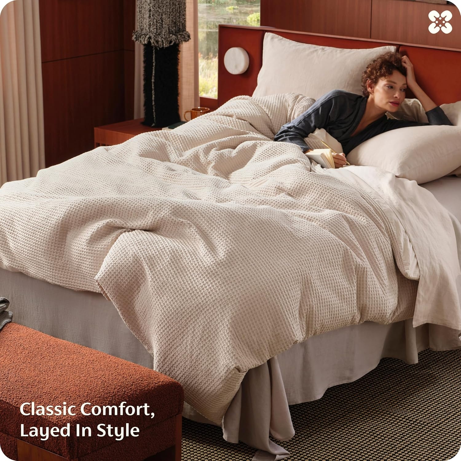 image:imageBedsure PureWoven 3 Pieces 100 Cotton Waffle Duvet Cover Set Queen White Waffle Weave Texture Soft SkinFriendly Breathable AllSeason Machine Washable Home Decor Gift Good Housekeeping Seal03 Beige No Comforter