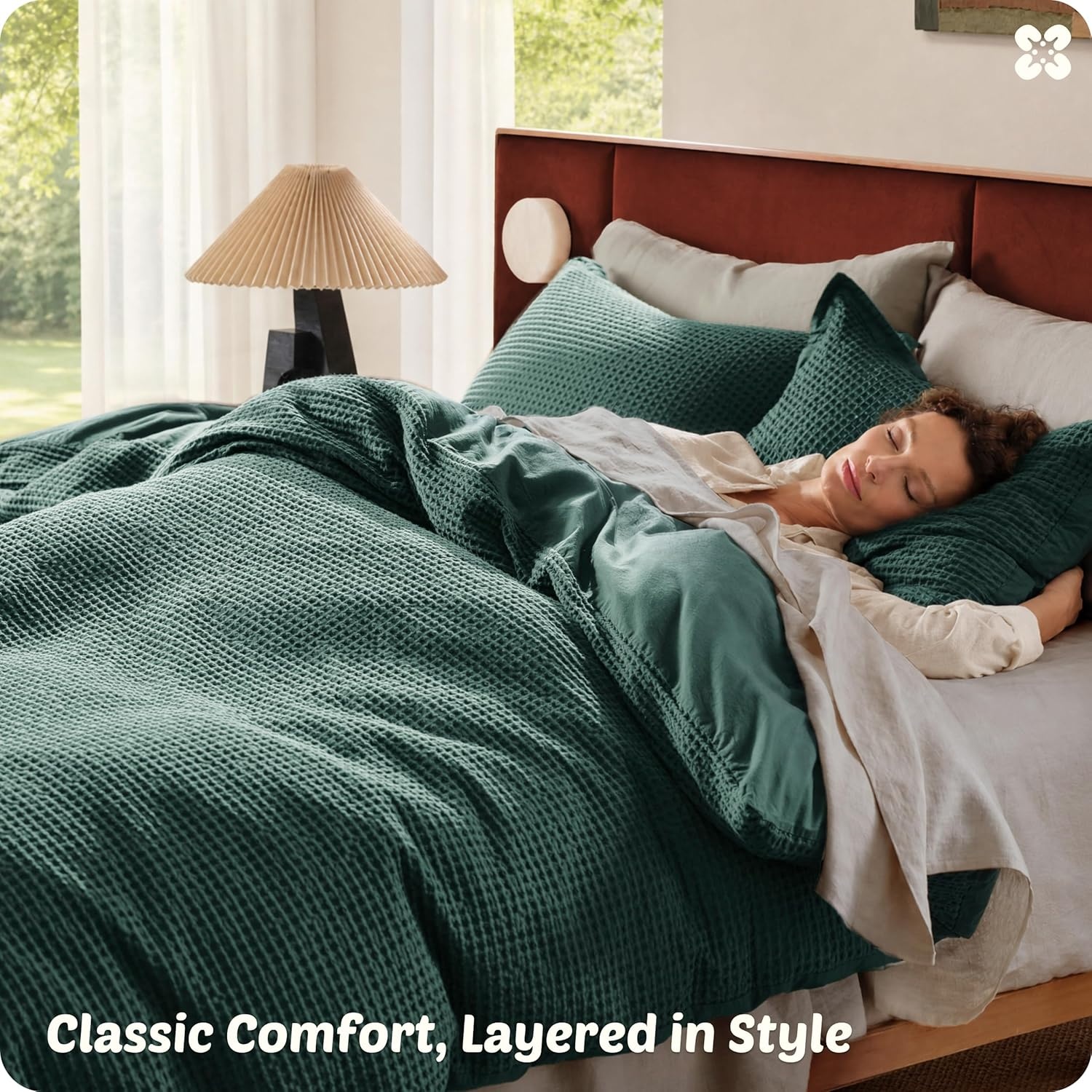 image:imageBedsure PureWoven 3 Pieces 100 Cotton Waffle Duvet Cover Set Queen White Waffle Weave Texture Soft SkinFriendly Breathable AllSeason Machine Washable Home Decor Gift Good Housekeeping Seal13 Forest Green No Comforter