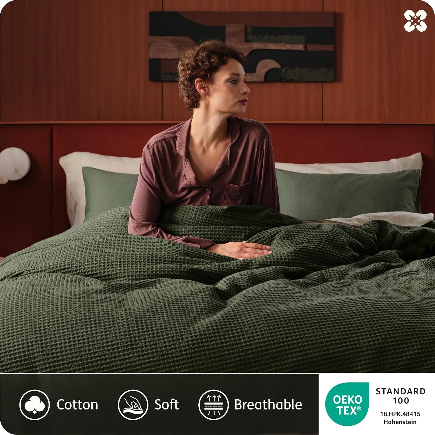 image:imageBedsure PureWoven 3 Pieces 100 Cotton Waffle Duvet Cover Set Queen White Waffle Weave Texture Soft SkinFriendly Breathable AllSeason Machine Washable Home Decor Gift Good Housekeeping Seal14 Olive Green No Comforter
