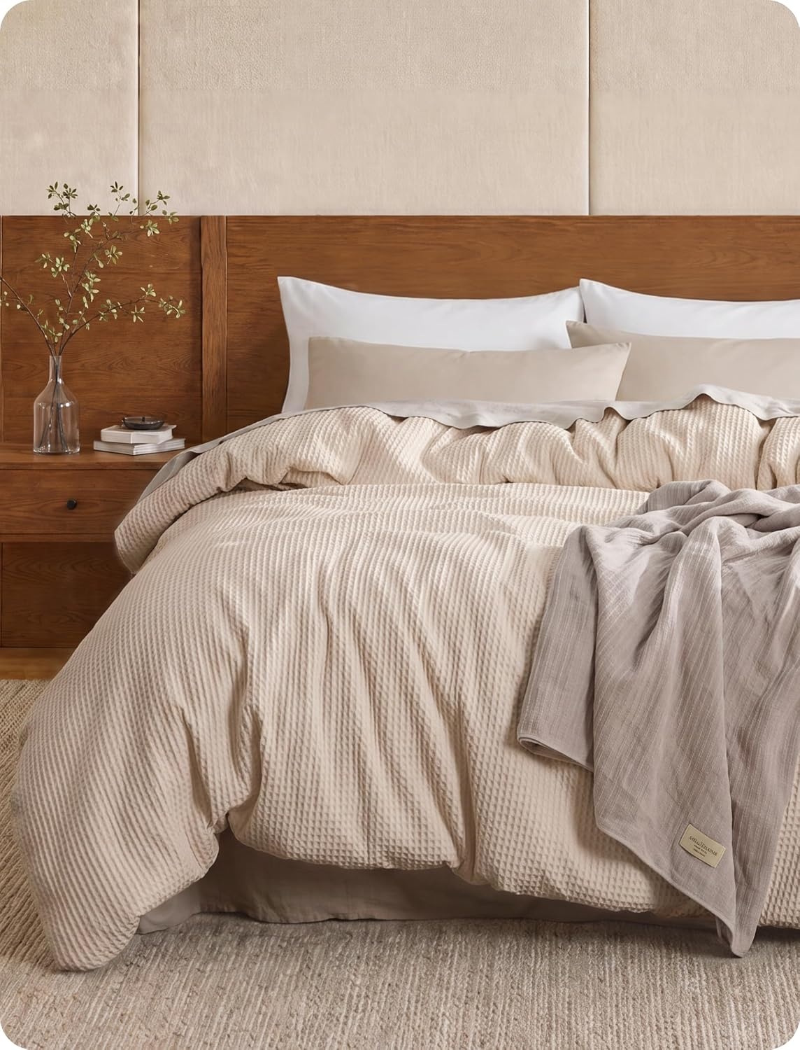 image:imageBedsure PureWoven 3 Pieces 100 Cotton Waffle Duvet Cover Set Queen White Waffle Weave Texture Soft SkinFriendly Breathable AllSeason Machine Washable Home Decor Gift Good Housekeeping Seal03 Beige No Comforter