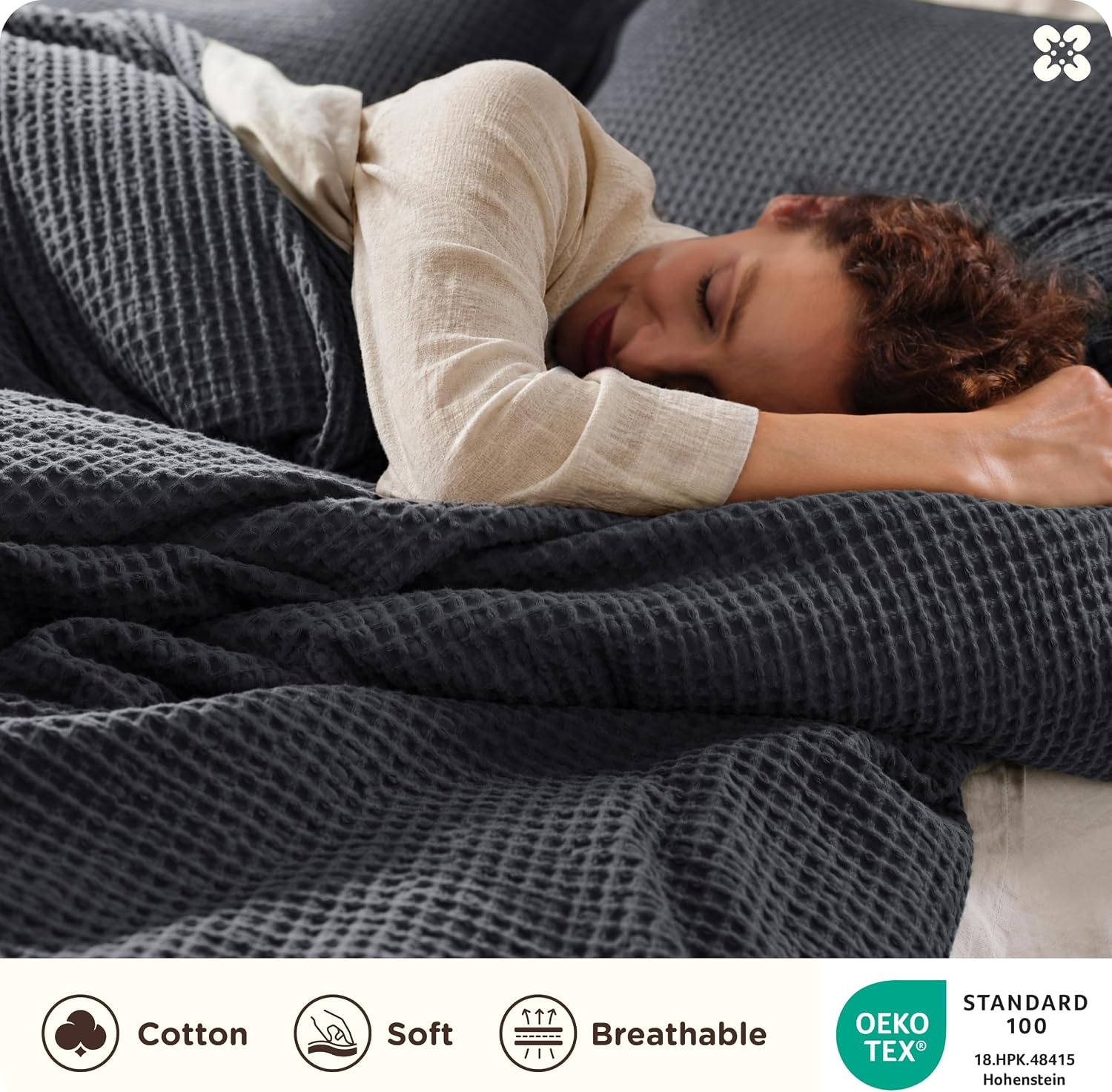 image:imageBedsure PureWoven 3 Pieces 100 Cotton Waffle Duvet Cover Set Queen White Waffle Weave Texture Soft SkinFriendly Breathable AllSeason Machine Washable Home Decor Gift Good Housekeeping Seal19 Charcoal Black No Comforter