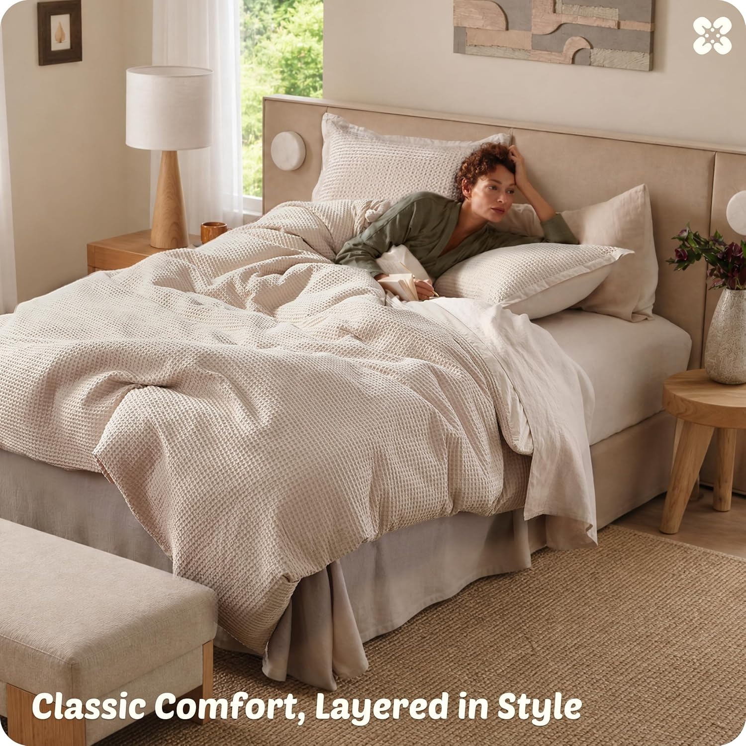 image:imageBedsure PureWoven 3 Pieces 100 Cotton Waffle Duvet Cover Set Queen White Waffle Weave Texture Soft SkinFriendly Breathable AllSeason Machine Washable Home Decor Gift Good Housekeeping Seal03 Beige No Comforter