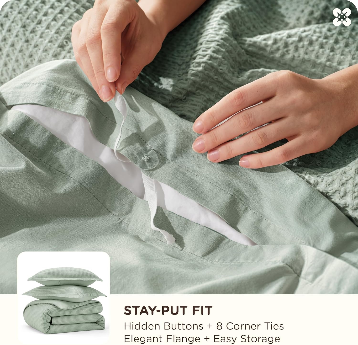 image:imageBedsure PureWoven 3 Pieces 100 Cotton Waffle Duvet Cover Set Queen White Waffle Weave Texture Soft SkinFriendly Breathable AllSeason Machine Washable Home Decor Gift Good Housekeeping Seal11 Sage Green No Comforter