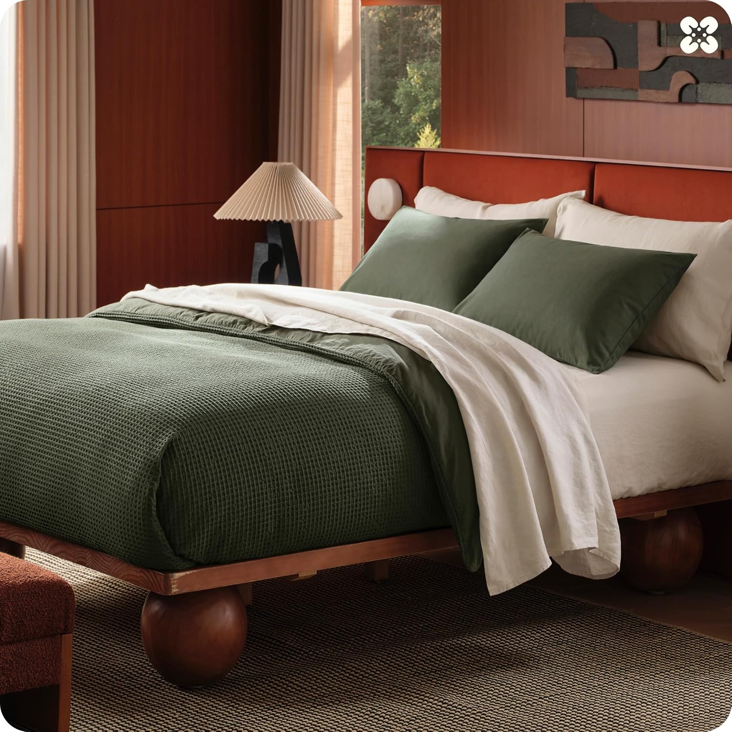 image:imageBedsure PureWoven 3 Pieces 100 Cotton Waffle Duvet Cover Set Queen White Waffle Weave Texture Soft SkinFriendly Breathable AllSeason Machine Washable Home Decor Gift Good Housekeeping Seal14 Olive Green No Comforter