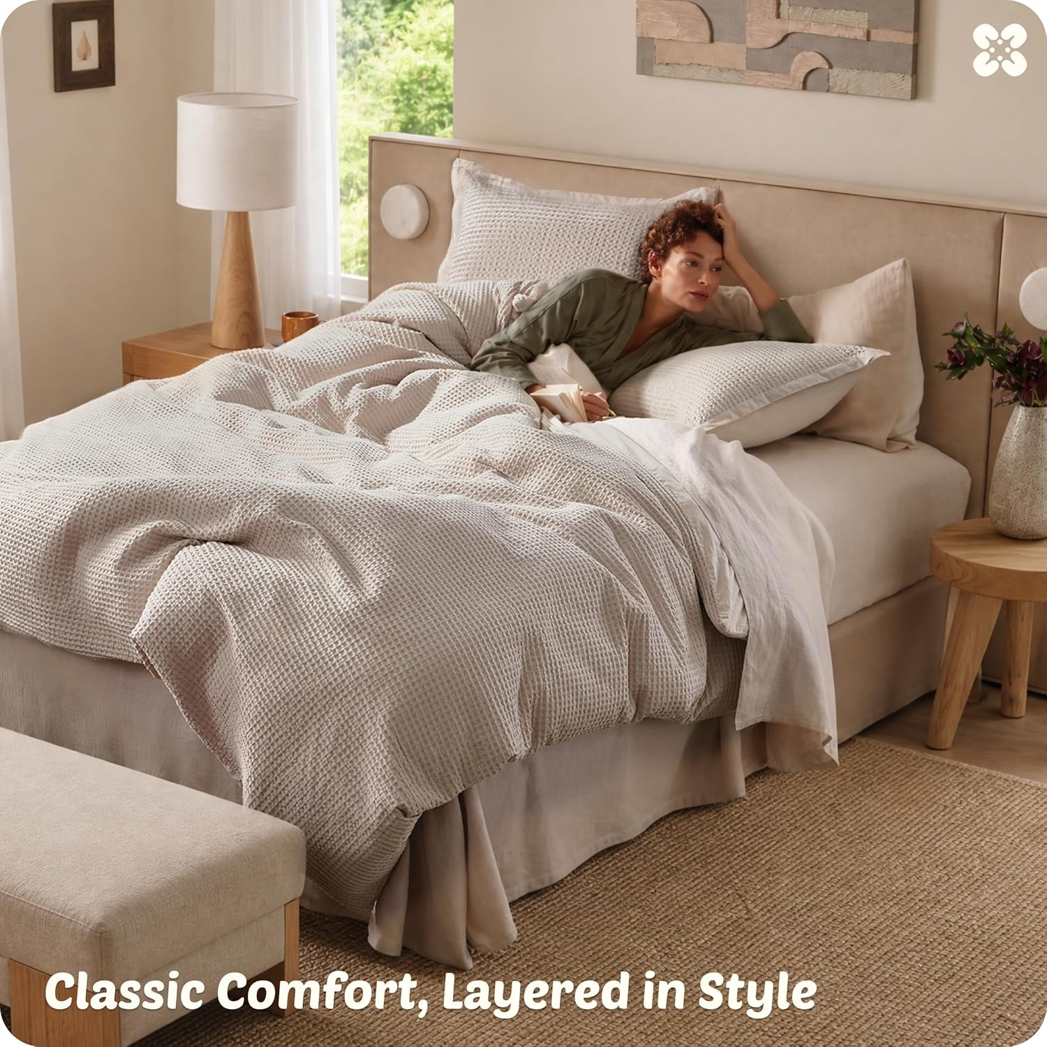 image:imageBedsure PureWoven 3 Pieces 100 Cotton Waffle Duvet Cover Set Queen White Waffle Weave Texture Soft SkinFriendly Breathable AllSeason Machine Washable Home Decor Gift Good Housekeeping Seal04 Linen No Comforter
