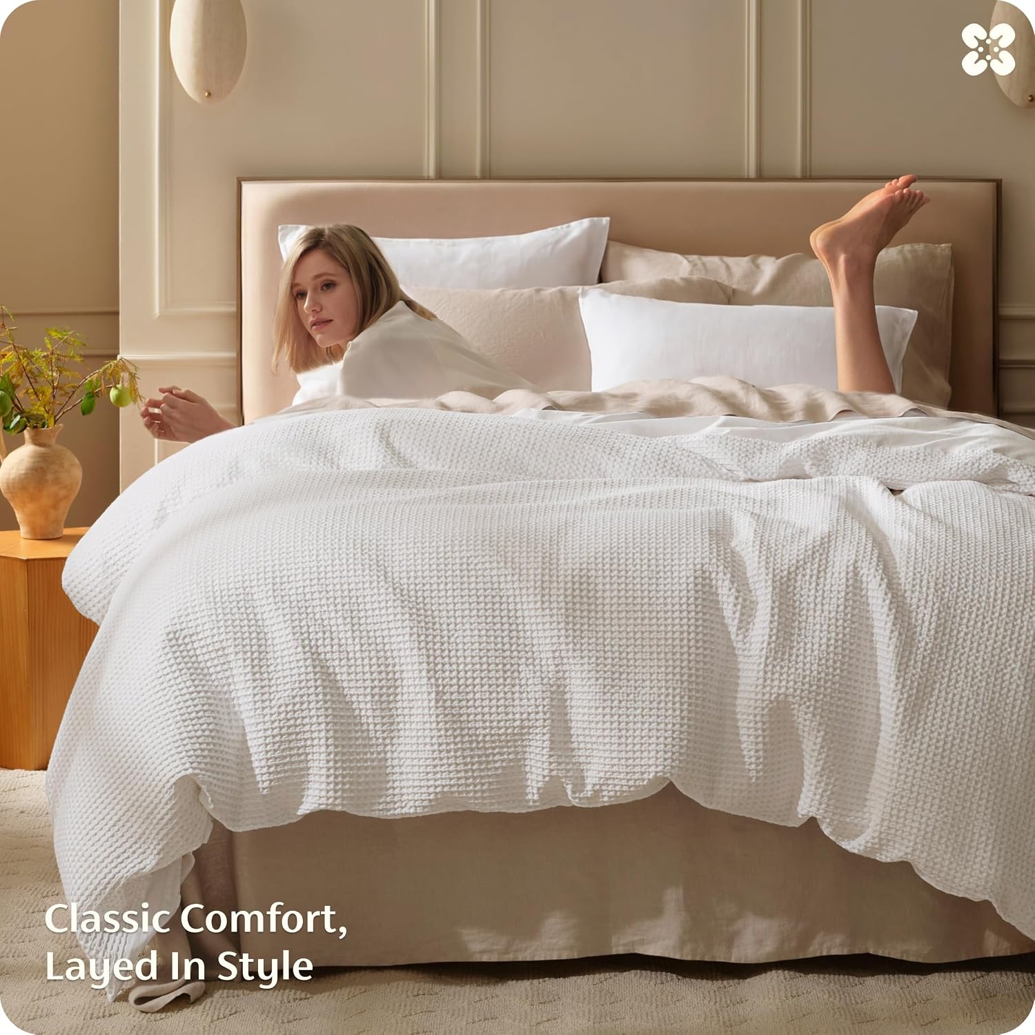 image:imageBedsure PureWoven 3 Pieces 100 Cotton Waffle Duvet Cover Set Queen White Waffle Weave Texture Soft SkinFriendly Breathable AllSeason Machine Washable Home Decor Gift Good Housekeeping Seal01 Coconut White No Comforter
