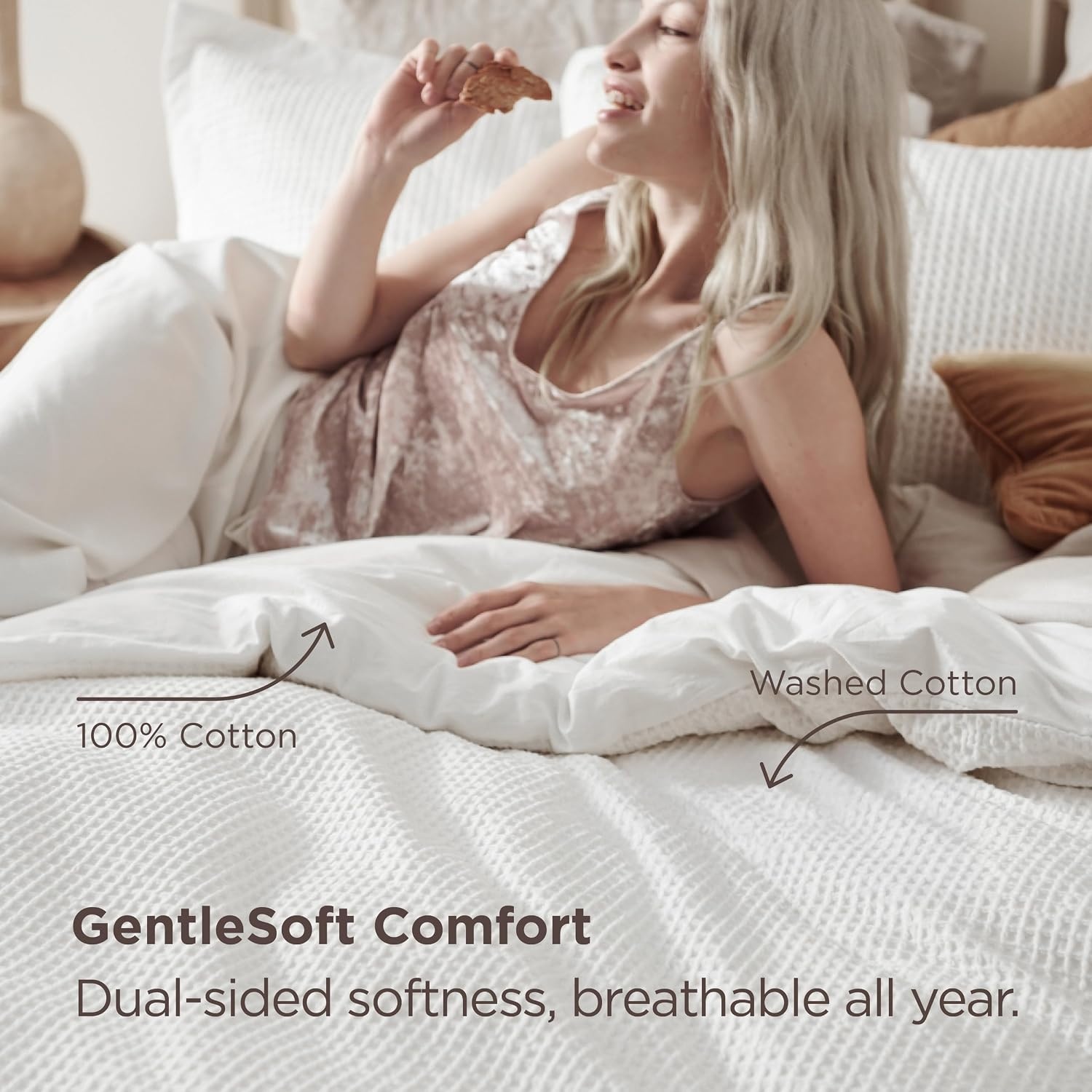 image:imageBedsure PureWoven 3 Pieces 100 Cotton Waffle Duvet Cover Set Queen White Waffle Weave Texture Soft SkinFriendly Breathable AllSeason Machine Washable Home Decor Gift Good Housekeeping Seal01 Coconut White No Comforter
