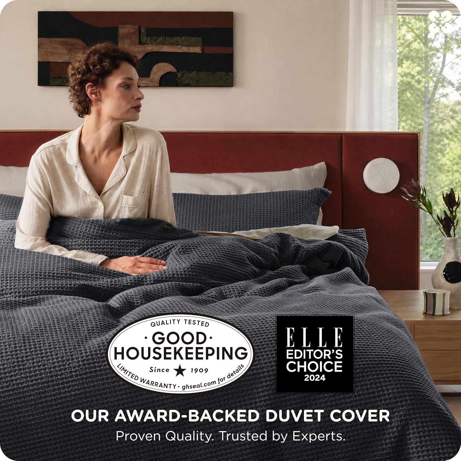 image:imageBedsure PureWoven 3 Pieces 100 Cotton Waffle Duvet Cover Set Queen White Waffle Weave Texture Soft SkinFriendly Breathable AllSeason Machine Washable Home Decor Gift Good Housekeeping Seal19 Charcoal Black No Comforter