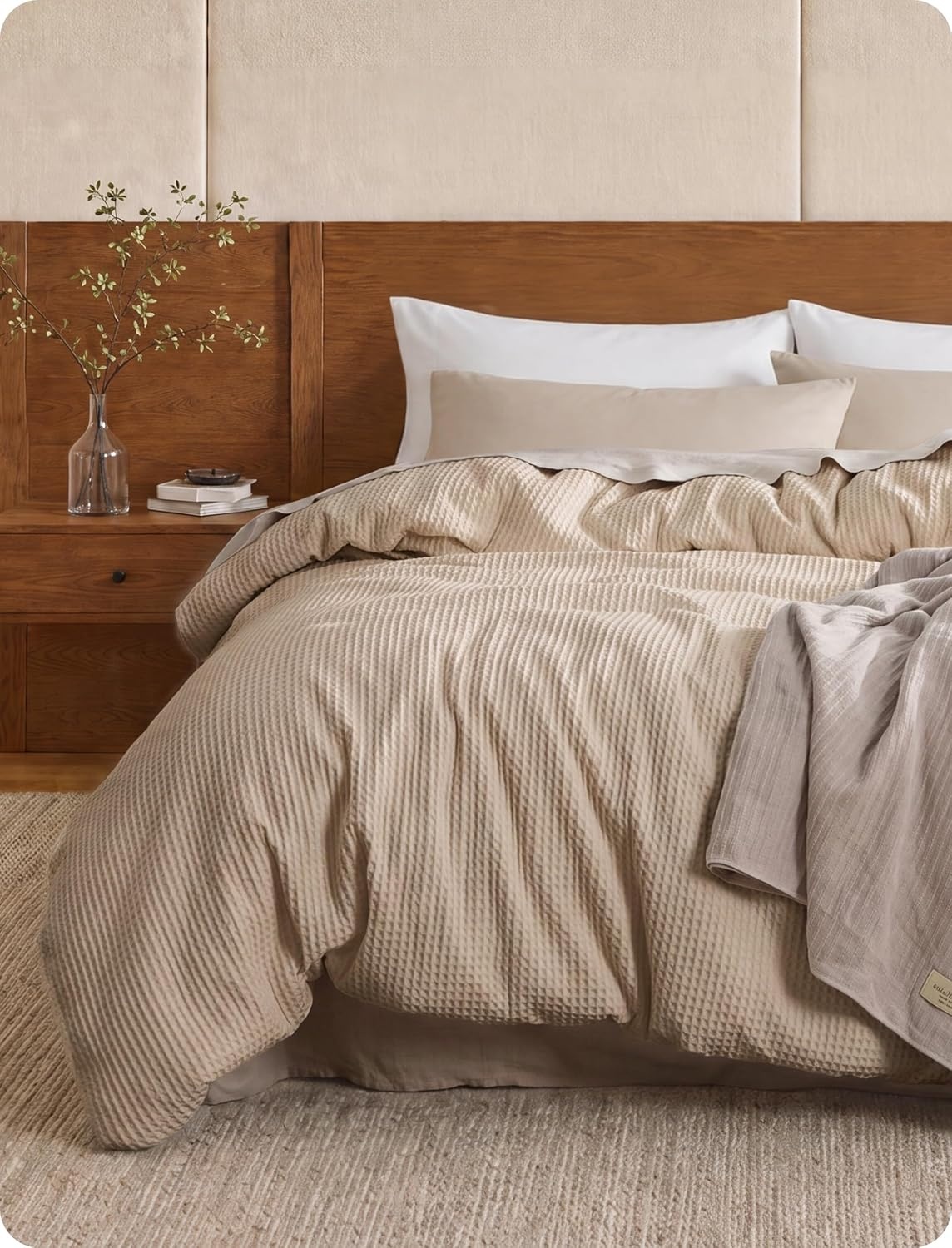 image:imageBedsure PureWoven 3 Pieces 100 Cotton Waffle Duvet Cover Set Queen White Waffle Weave Texture Soft SkinFriendly Breathable AllSeason Machine Washable Home Decor Gift Good Housekeeping Seal05 Khaki No Comforter