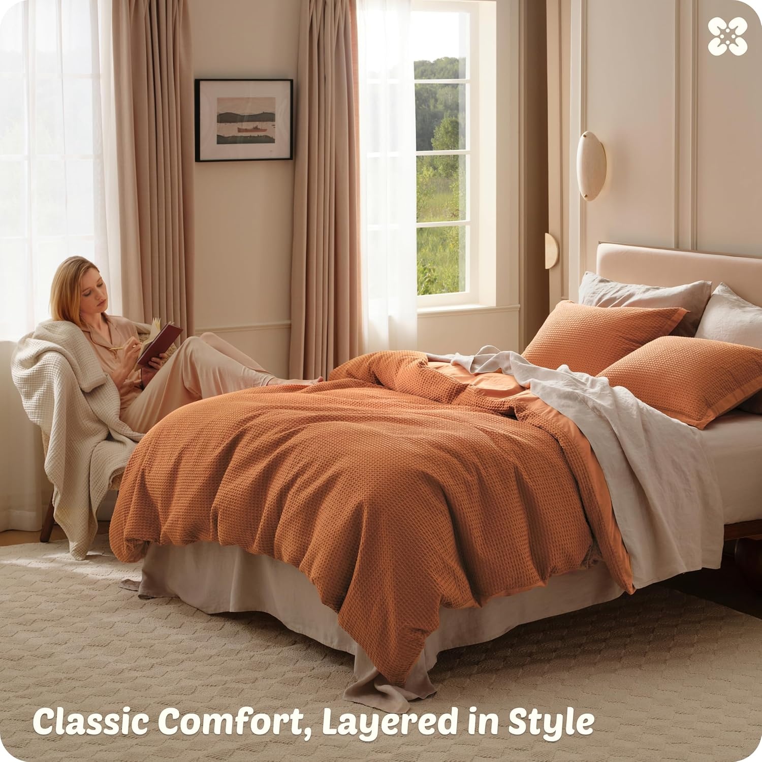 image:imageBedsure PureWoven 3 Pieces 100 Cotton Waffle Duvet Cover Set Queen White Waffle Weave Texture Soft SkinFriendly Breathable AllSeason Machine Washable Home Decor Gift Good Housekeeping Seal07 Terracotta No Comforter