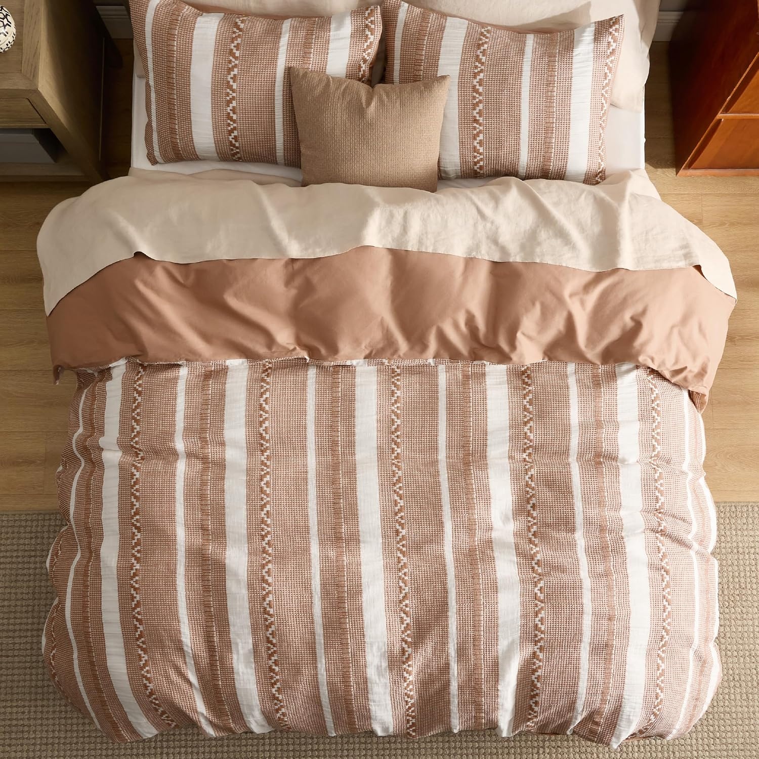 image:imageBedsure PureWoven 3 Pieces 100 Cotton Waffle Duvet Cover Set Queen White Waffle Weave Texture Soft SkinFriendly Breathable AllSeason Machine Washable Home Decor Gift Good Housekeeping Seal19 Strip Terracotta No Comforter