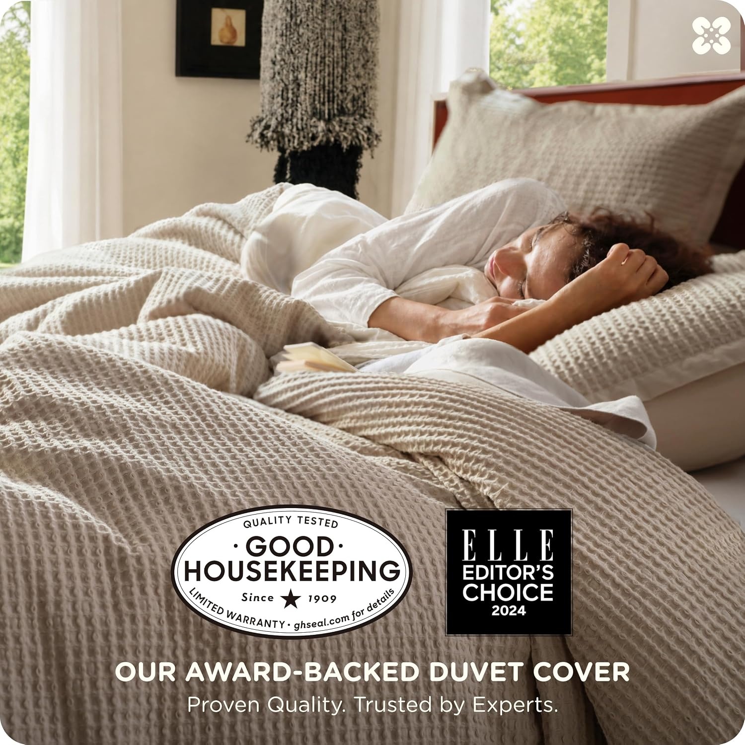 image:imageBedsure PureWoven 3 Pieces 100 Cotton Waffle Duvet Cover Set Queen White Waffle Weave Texture Soft SkinFriendly Breathable AllSeason Machine Washable Home Decor Gift Good Housekeeping Seal05 Khaki No Comforter