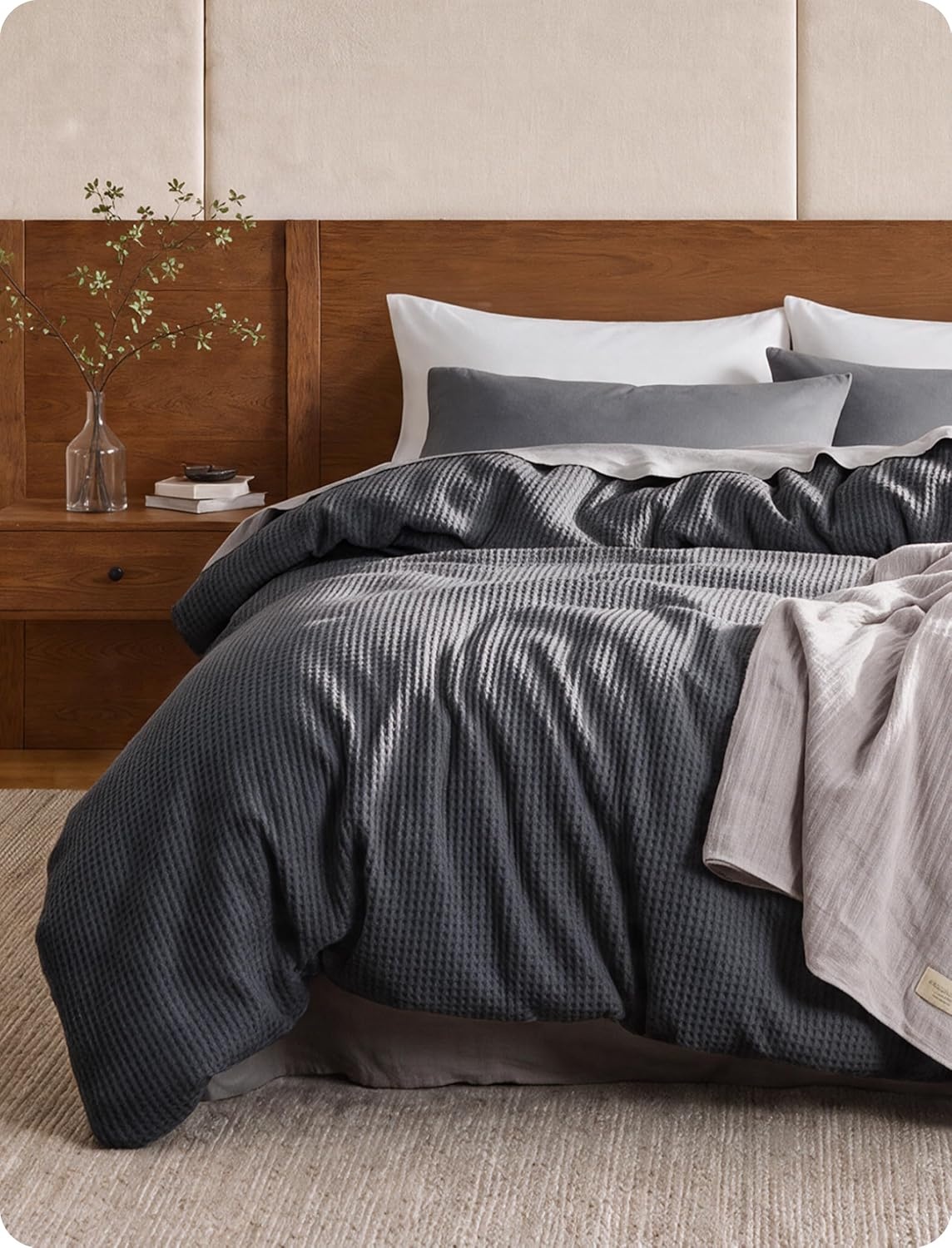 image:imageBedsure PureWoven 3 Pieces 100 Cotton Waffle Duvet Cover Set Queen White Waffle Weave Texture Soft SkinFriendly Breathable AllSeason Machine Washable Home Decor Gift Good Housekeeping Seal19 Charcoal Black No Comforter