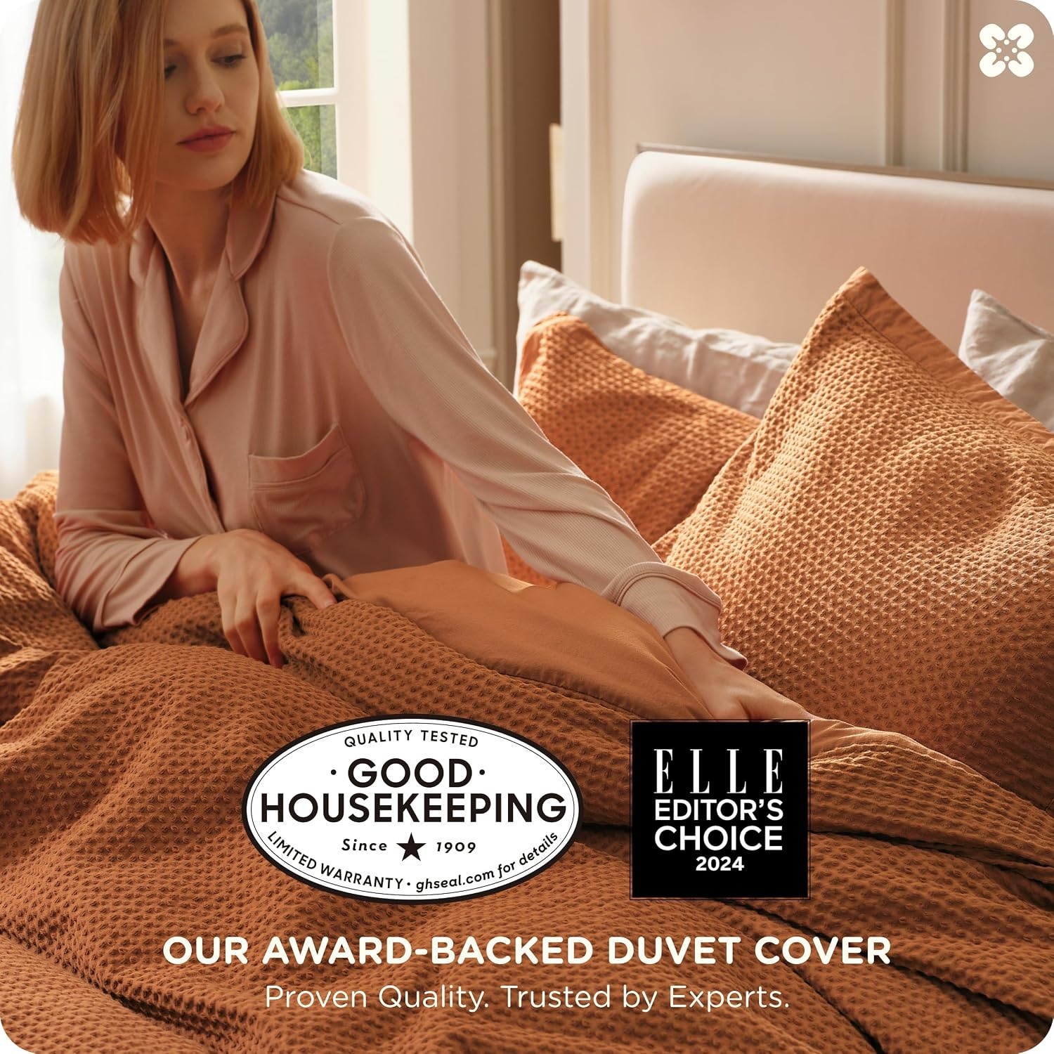 image:imageBedsure PureWoven 3 Pieces 100 Cotton Waffle Duvet Cover Set Queen White Waffle Weave Texture Soft SkinFriendly Breathable AllSeason Machine Washable Home Decor Gift Good Housekeeping Seal07 Terracotta No Comforter
